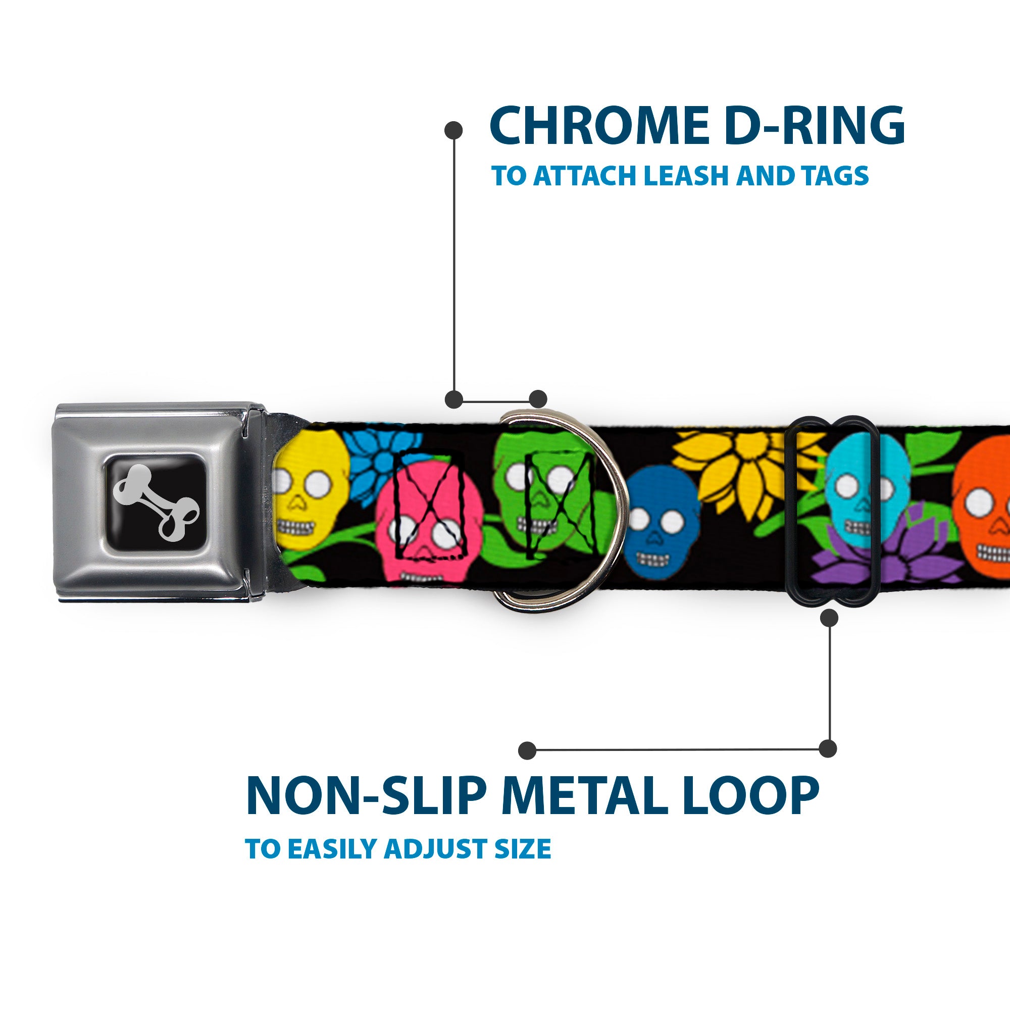 Dog Bone Seatbelt Buckle Collar - Skulls & Flowers Black/Multi Color Seatbelt Buckle Collars Buckle-Down