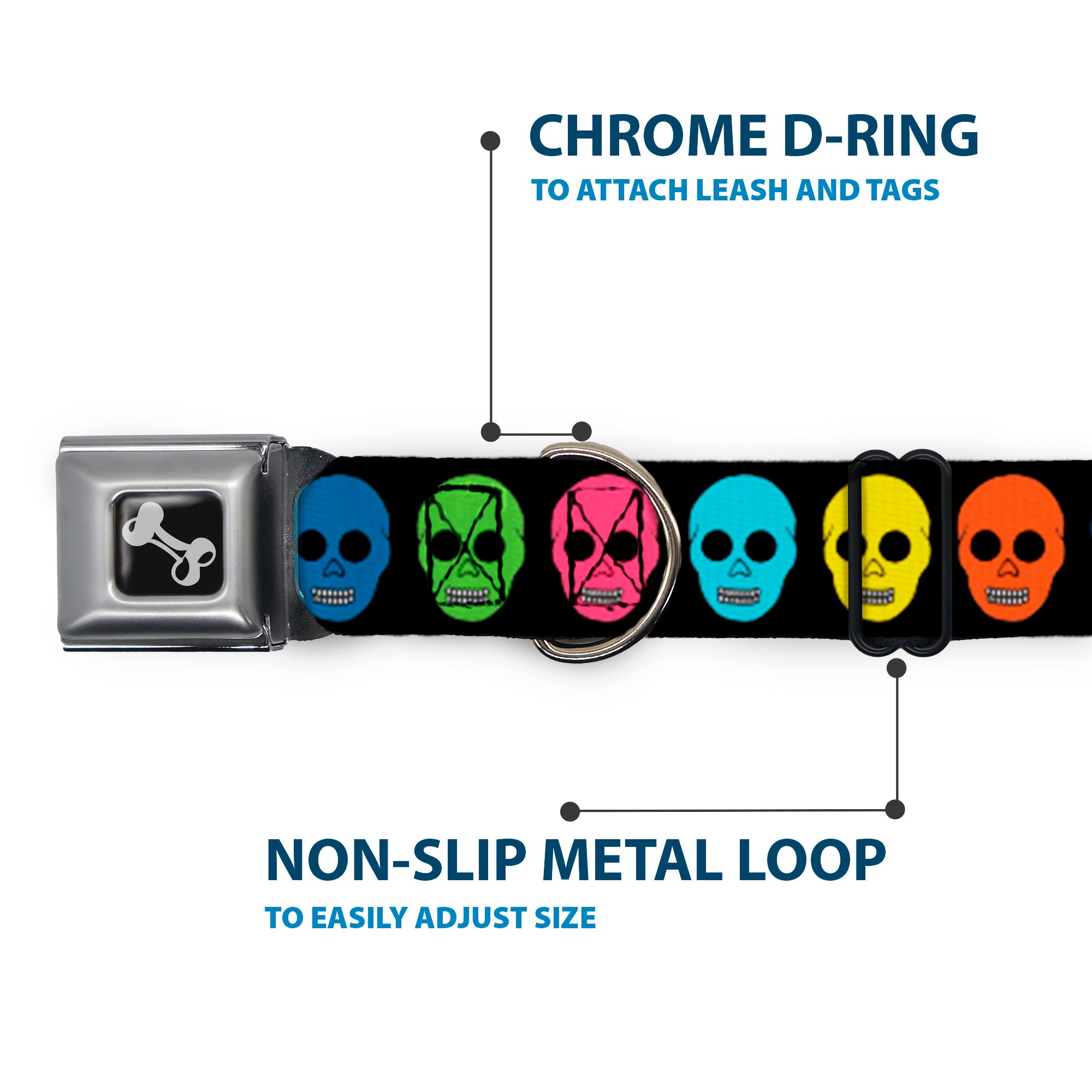 Dog Bone Seatbelt Buckle Collar - Skulls Black/Multi Color Seatbelt Buckle Collars Buckle-Down