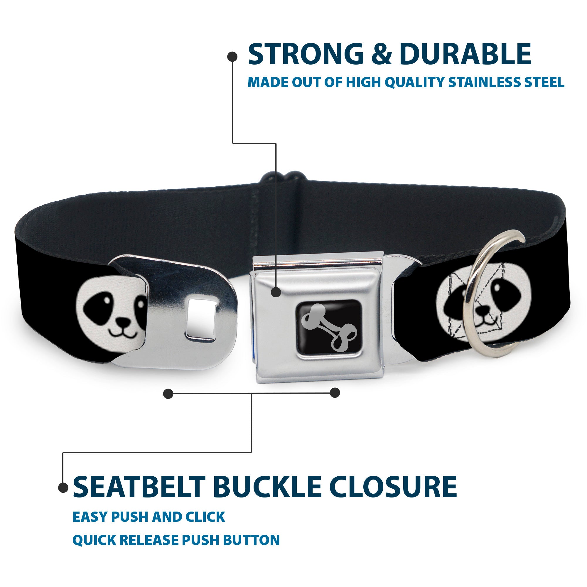 Dog Bone Seatbelt Buckle Collar - Smiling Panda Face Black/White Seatbelt Buckle Collars Buckle-Down