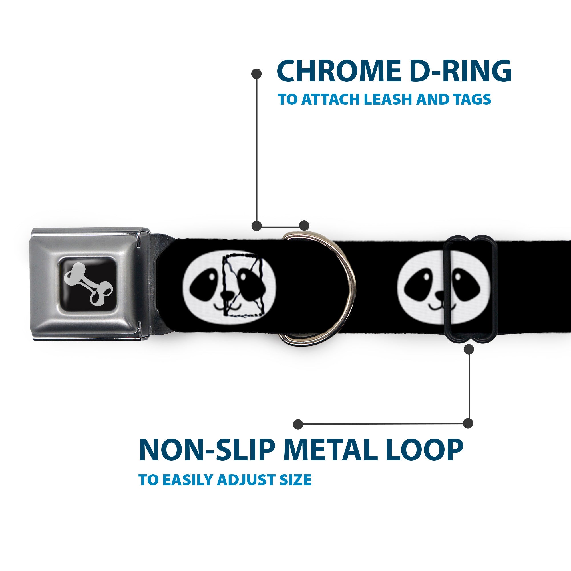 Dog Bone Seatbelt Buckle Collar - Smiling Panda Face Black/White Seatbelt Buckle Collars Buckle-Down
