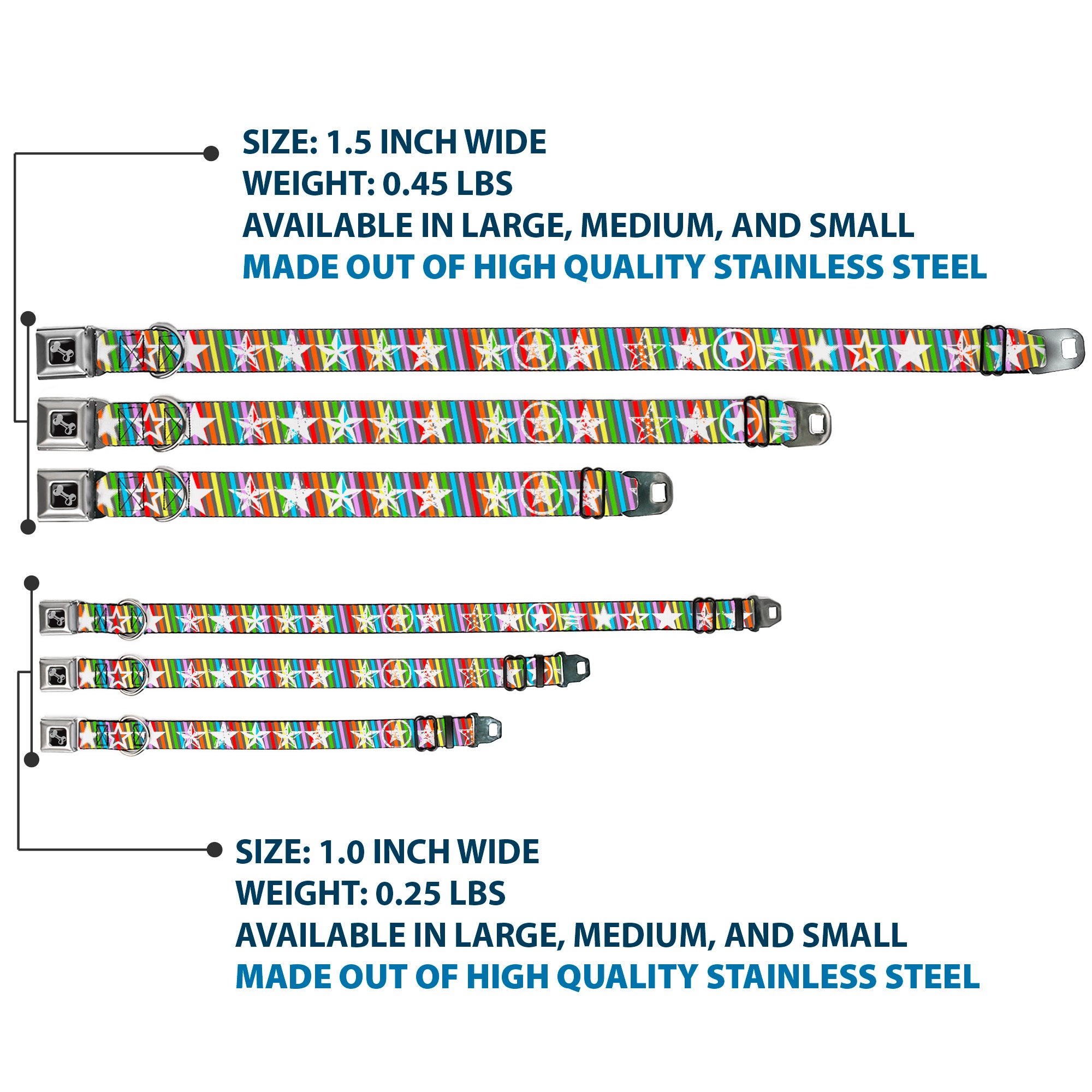 Dog Bone Seatbelt Buckle Collar - Stars w/Lines Gray/Multi Color/White Seatbelt Buckle Collars Buckle-Down