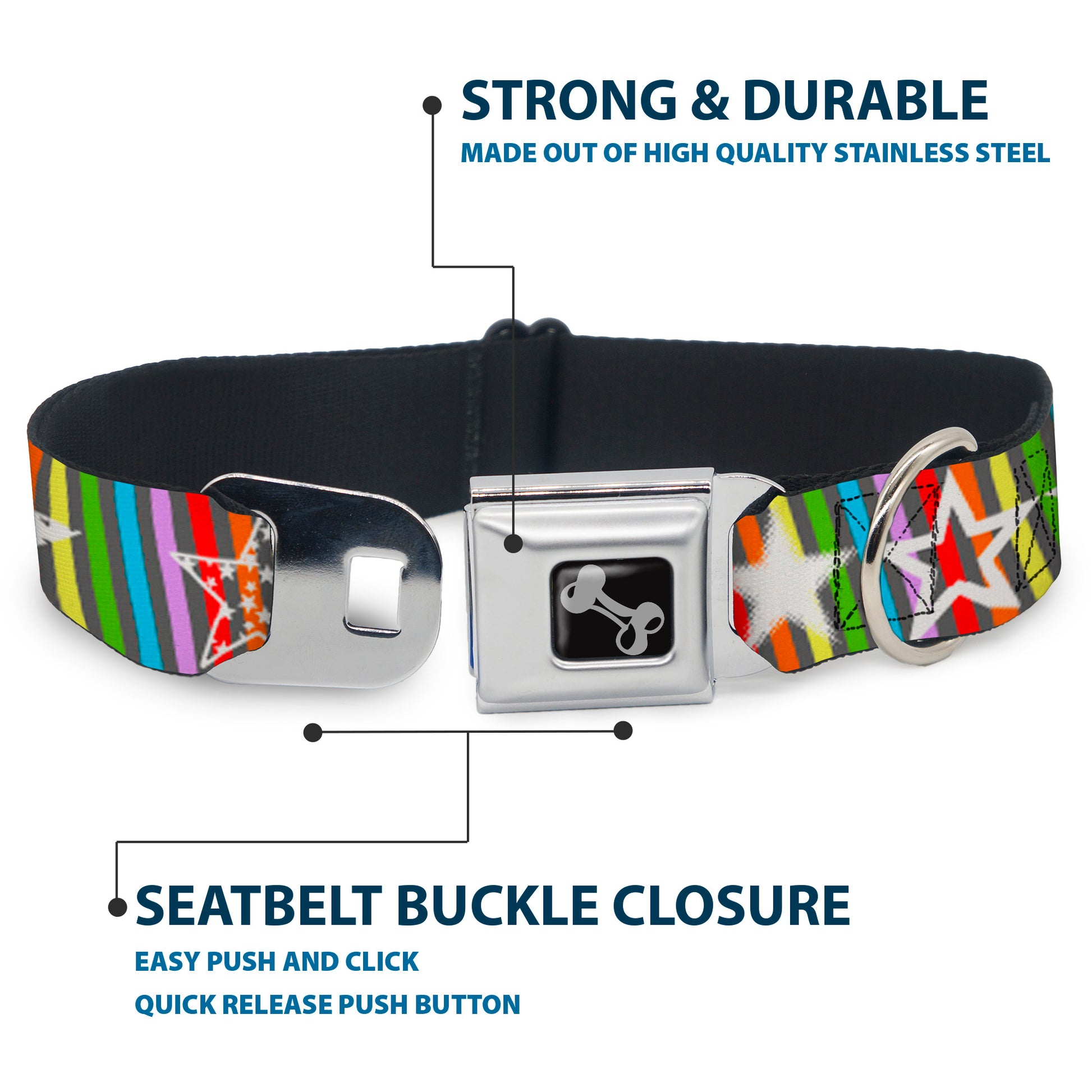 Dog Bone Seatbelt Buckle Collar - Stars w/Lines Gray/Multi Color/White Seatbelt Buckle Collars Buckle-Down