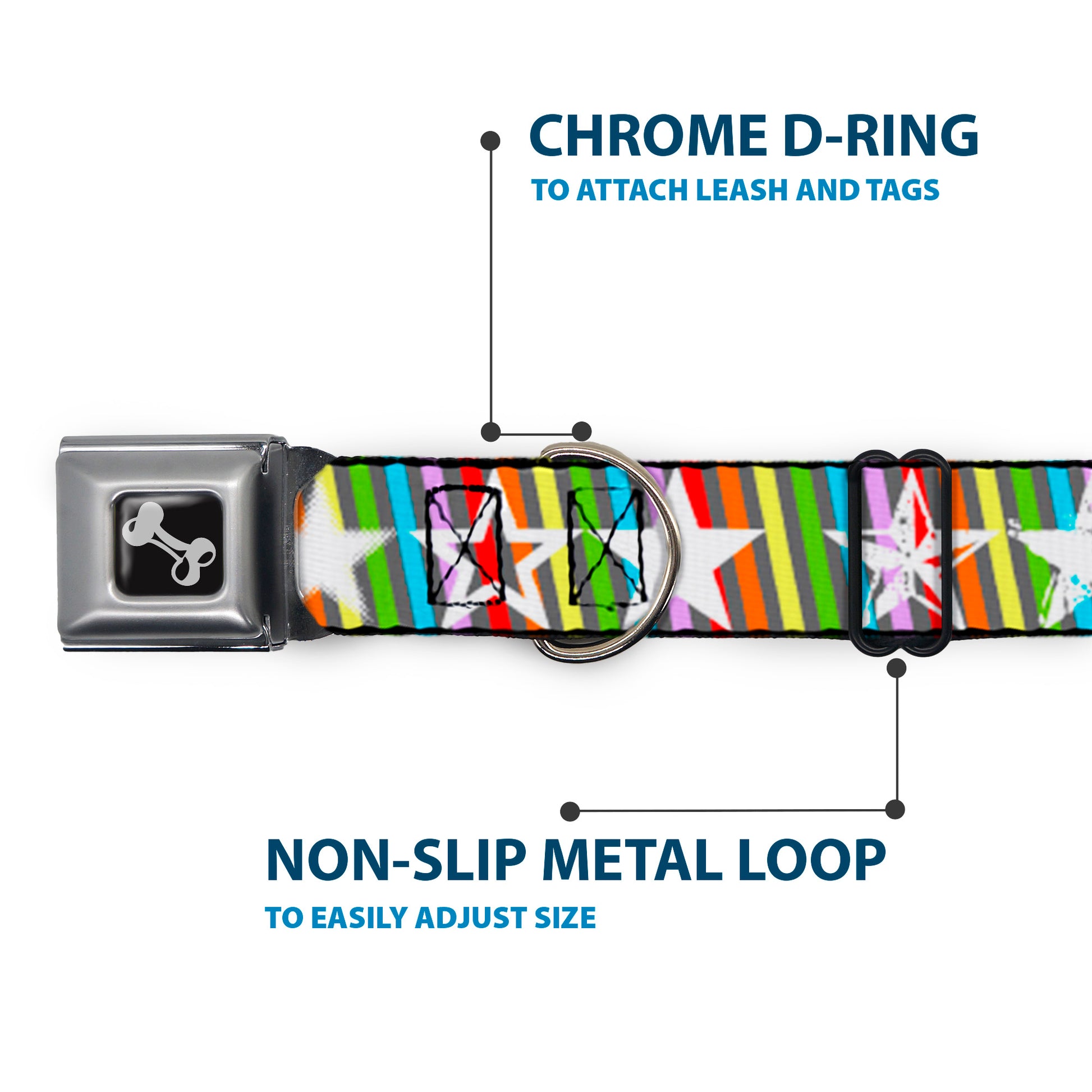 Dog Bone Seatbelt Buckle Collar - Stars w/Lines Gray/Multi Color/White Seatbelt Buckle Collars Buckle-Down