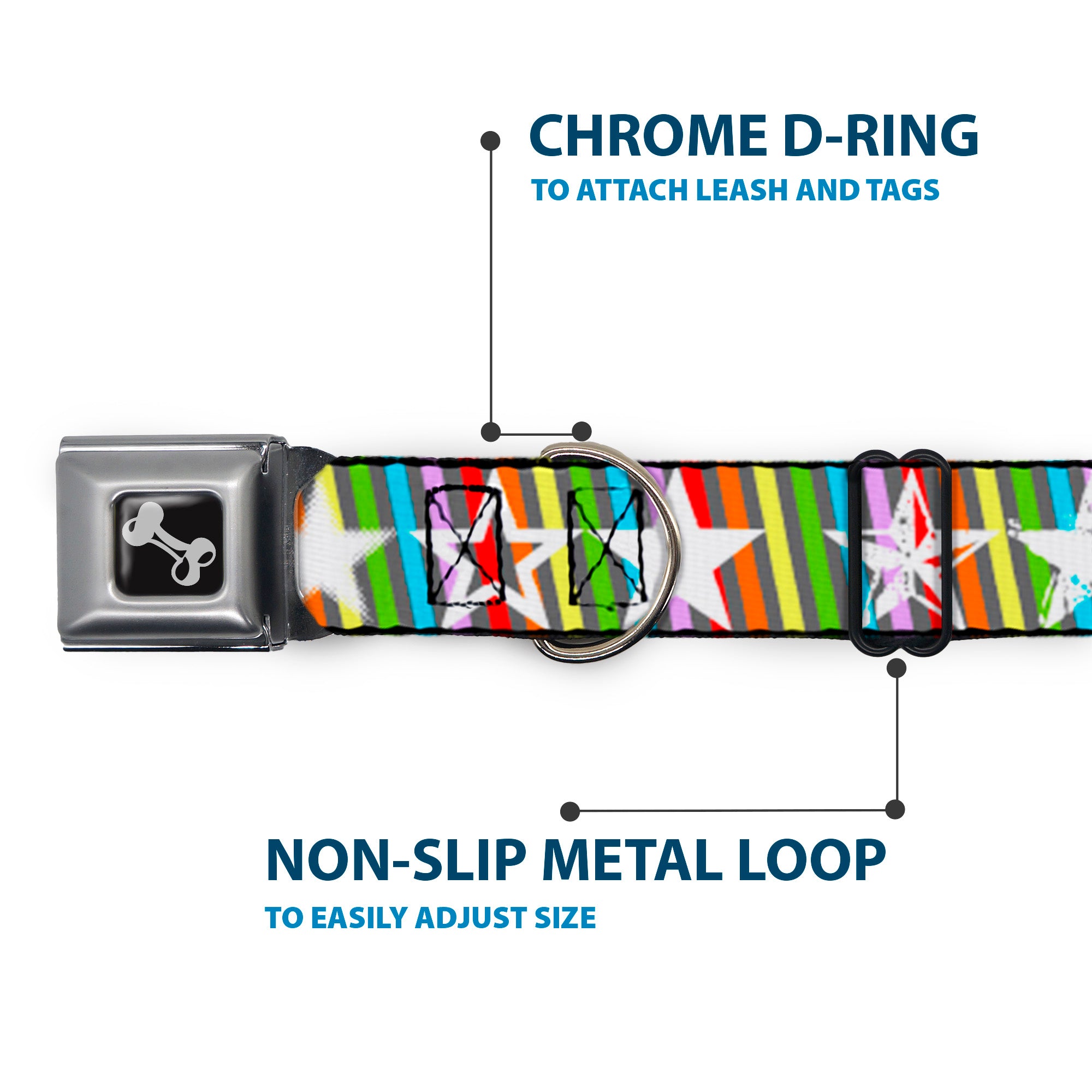 Dog Bone Seatbelt Buckle Collar - Stars w/Lines Gray/Multi Color/White Seatbelt Buckle Collars Buckle-Down