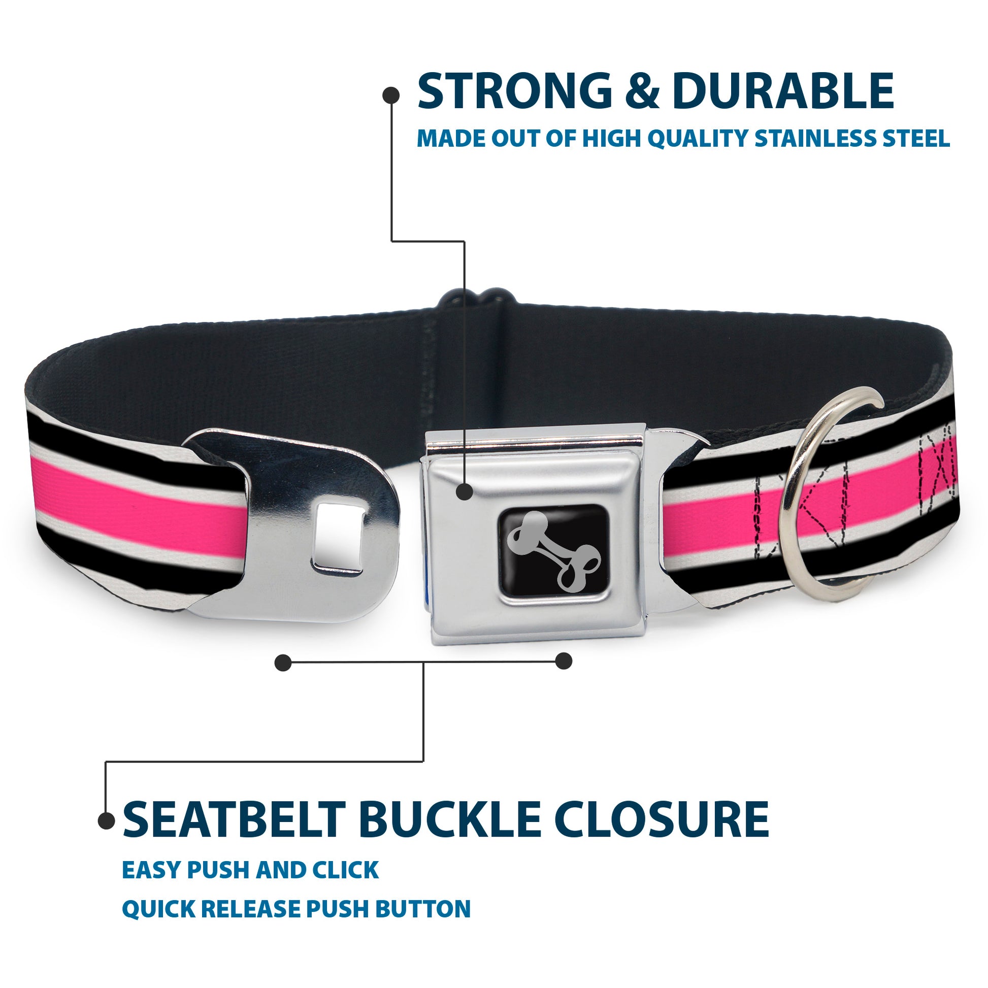 Dog Bone Seatbelt Buckle Collar - Stripes White/Black/White/Pink Seatbelt Buckle Collars Buckle-Down