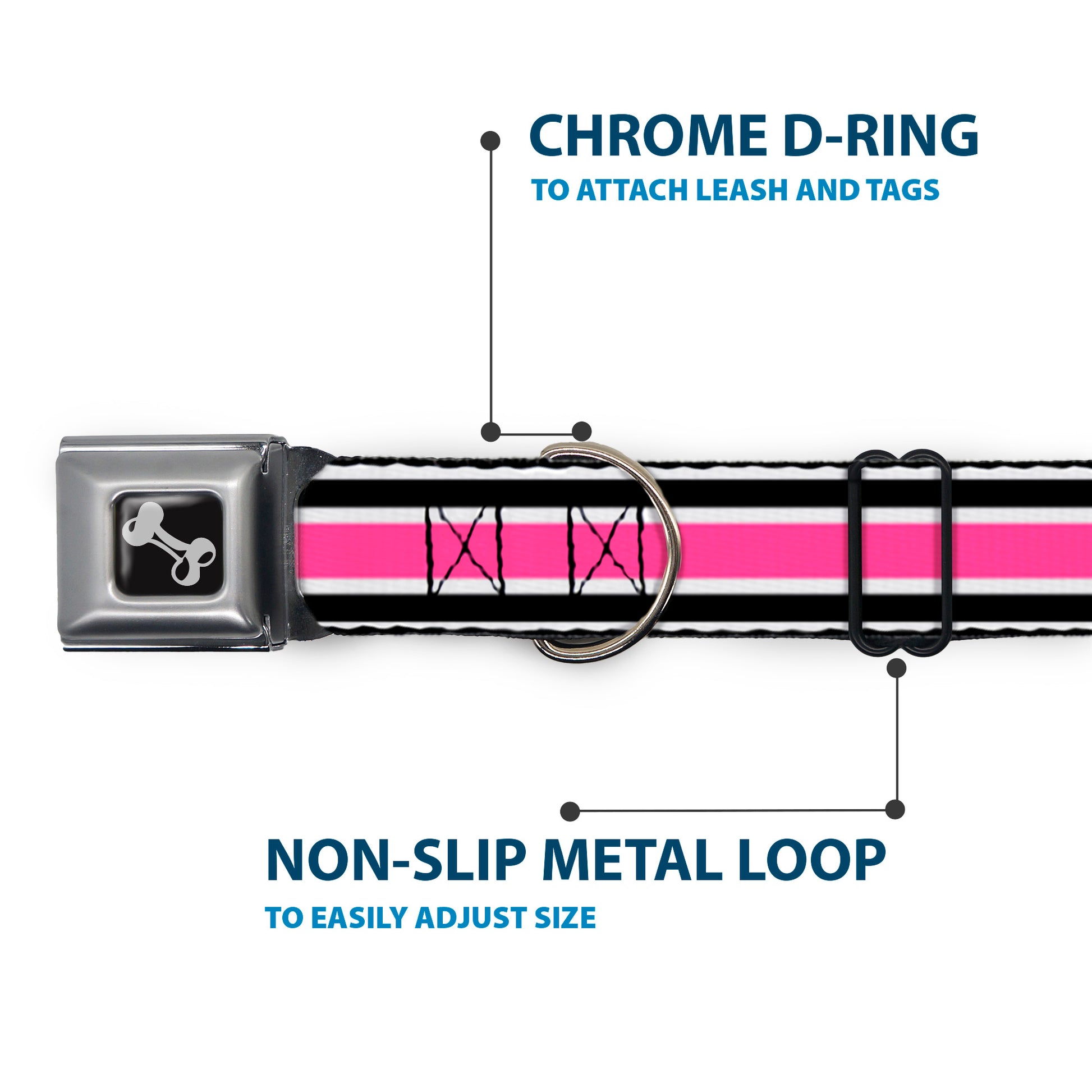 Dog Bone Seatbelt Buckle Collar - Stripes White/Black/White/Pink Seatbelt Buckle Collars Buckle-Down