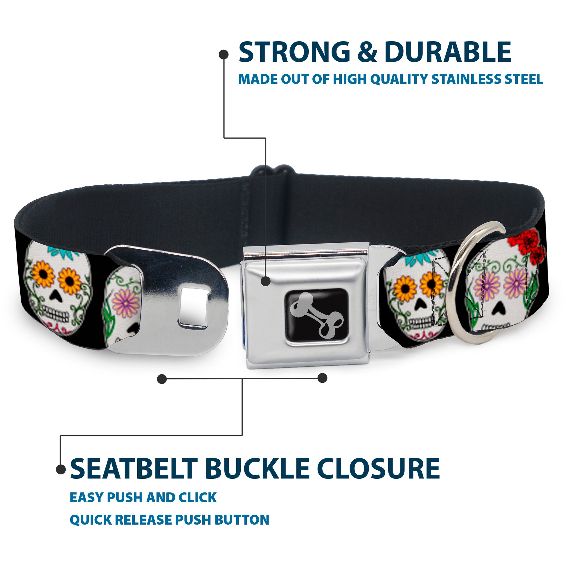 Dog Bone Seatbelt Buckle Collar - Sugar Skull Outline Black/Multi Color Seatbelt Buckle Collars Buckle-Down