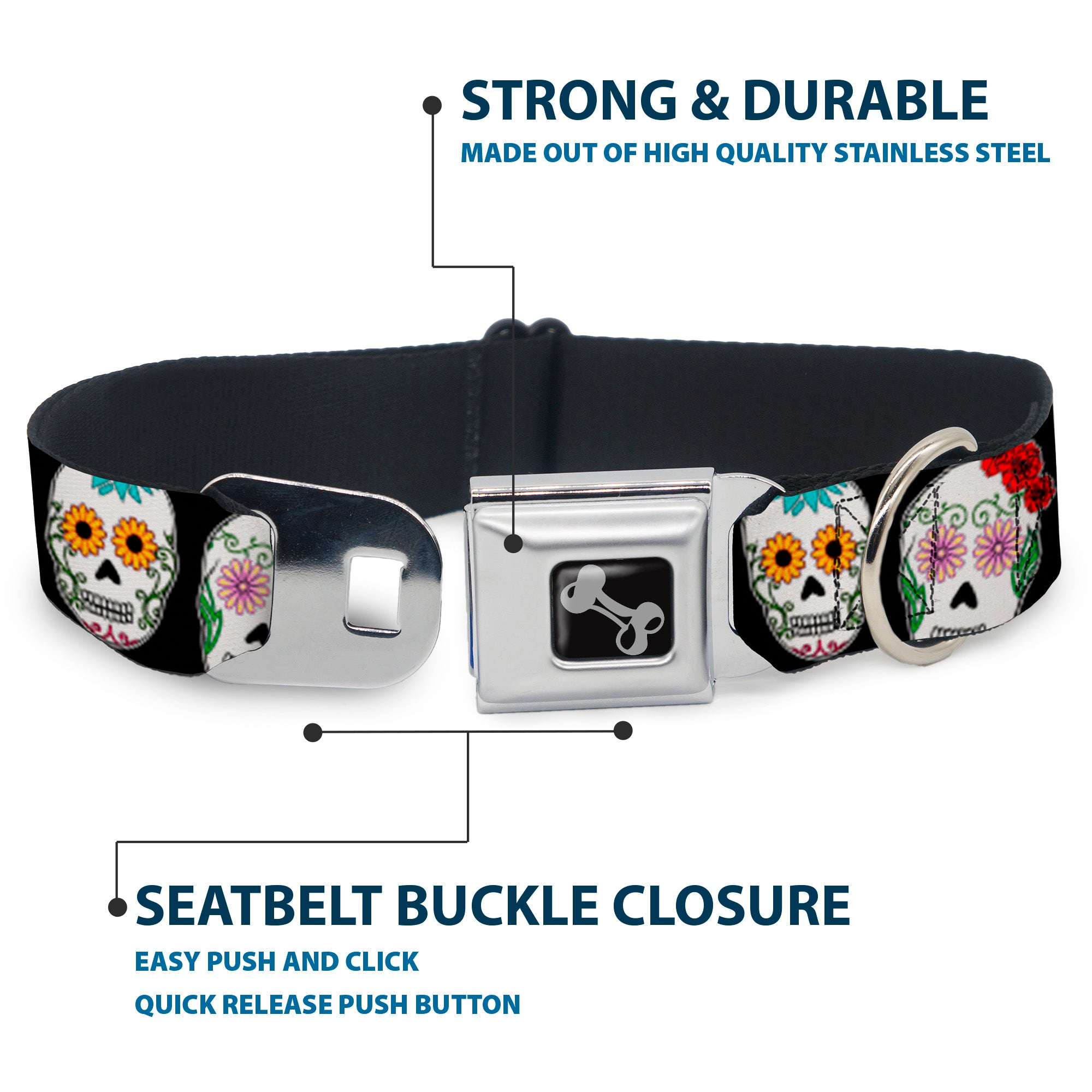 Dog Bone Seatbelt Buckle Collar - Sugar Skull Outline Black/Multi Color Seatbelt Buckle Collars Buckle-Down