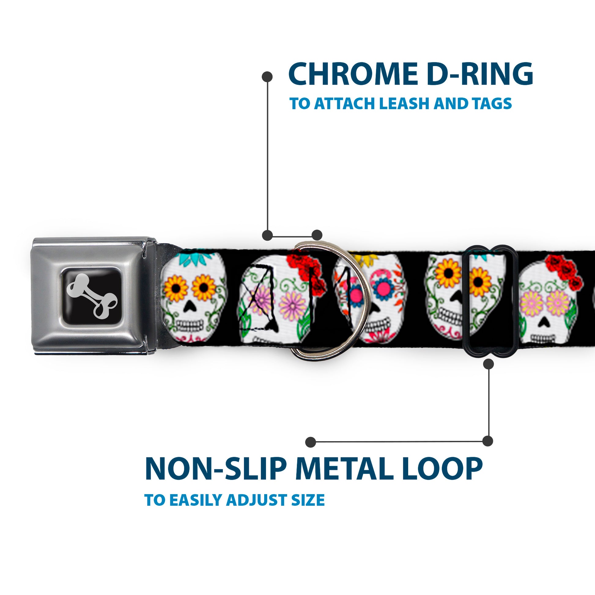 Dog Bone Seatbelt Buckle Collar - Sugar Skull Outline Black/Multi Color Seatbelt Buckle Collars Buckle-Down