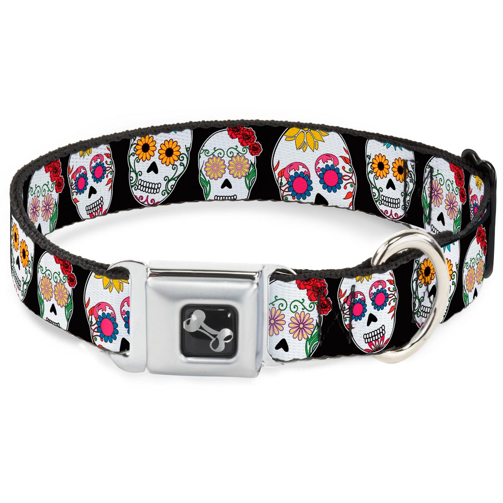 Dog Bone Seatbelt Buckle Collar - Sugar Skull Outline Black/Multi Color Seatbelt Buckle Collars Buckle-Down