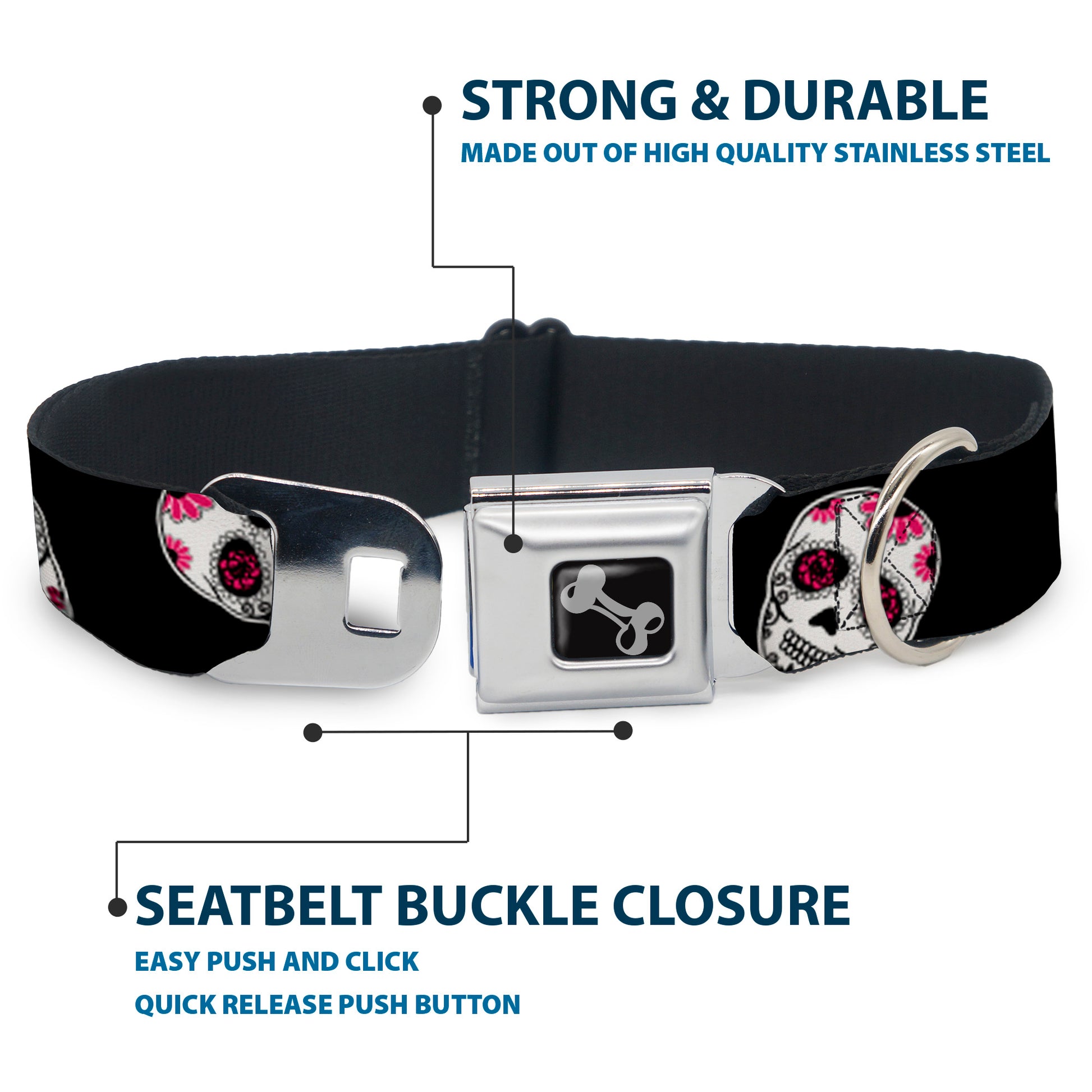 Dog Bone Seatbelt Buckle Collar - Sugar Skulls Scattered Black/White/Fuchsia Seatbelt Buckle Collars Buckle-Down