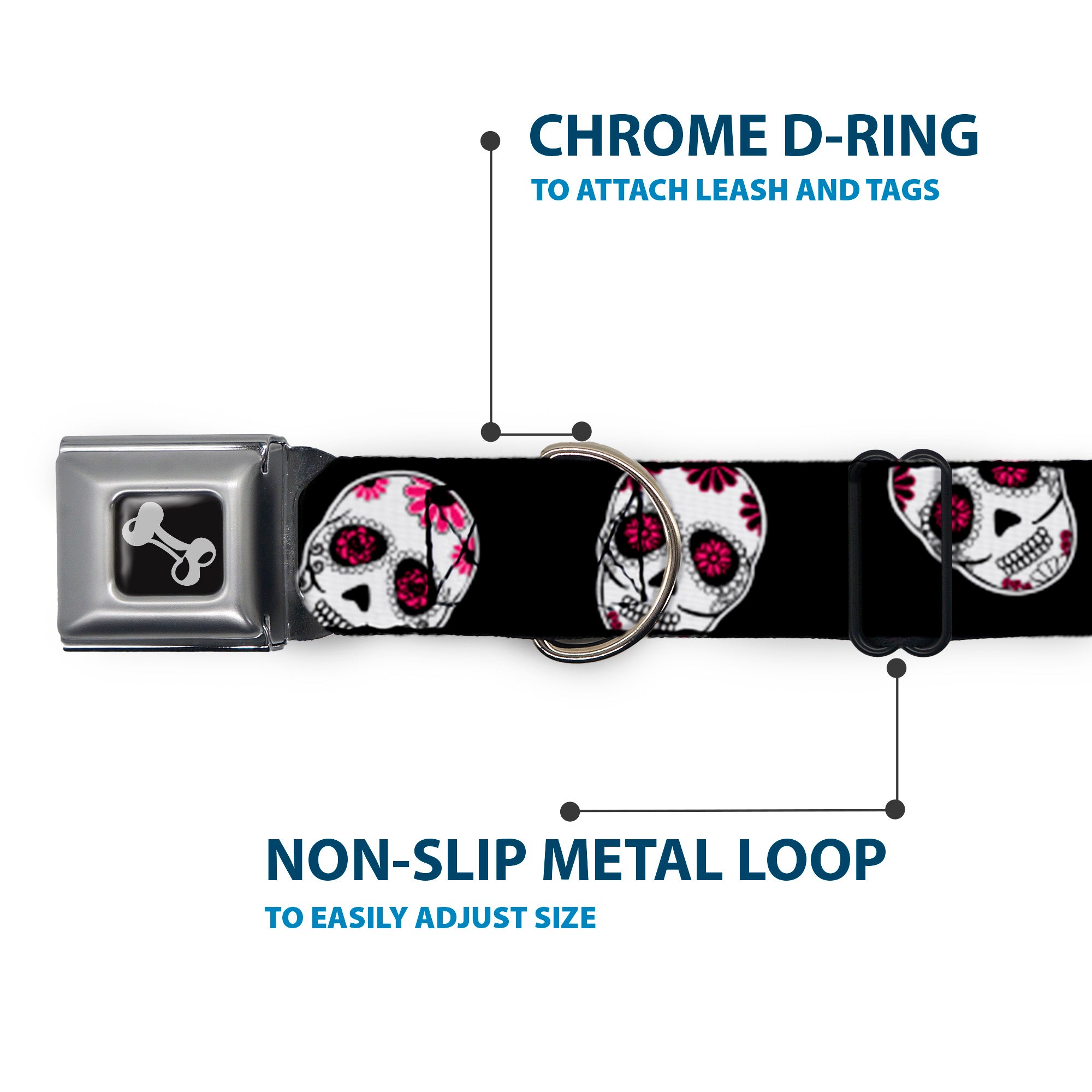 Dog Bone Seatbelt Buckle Collar - Sugar Skulls Scattered Black/White/Fuchsia Seatbelt Buckle Collars Buckle-Down