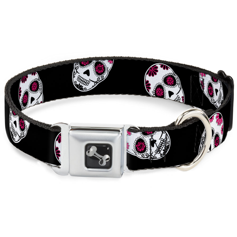 Dog Bone Seatbelt Buckle Collar - Sugar Skulls Scattered Black/White/Fuchsia Seatbelt Buckle Collars Buckle-Down