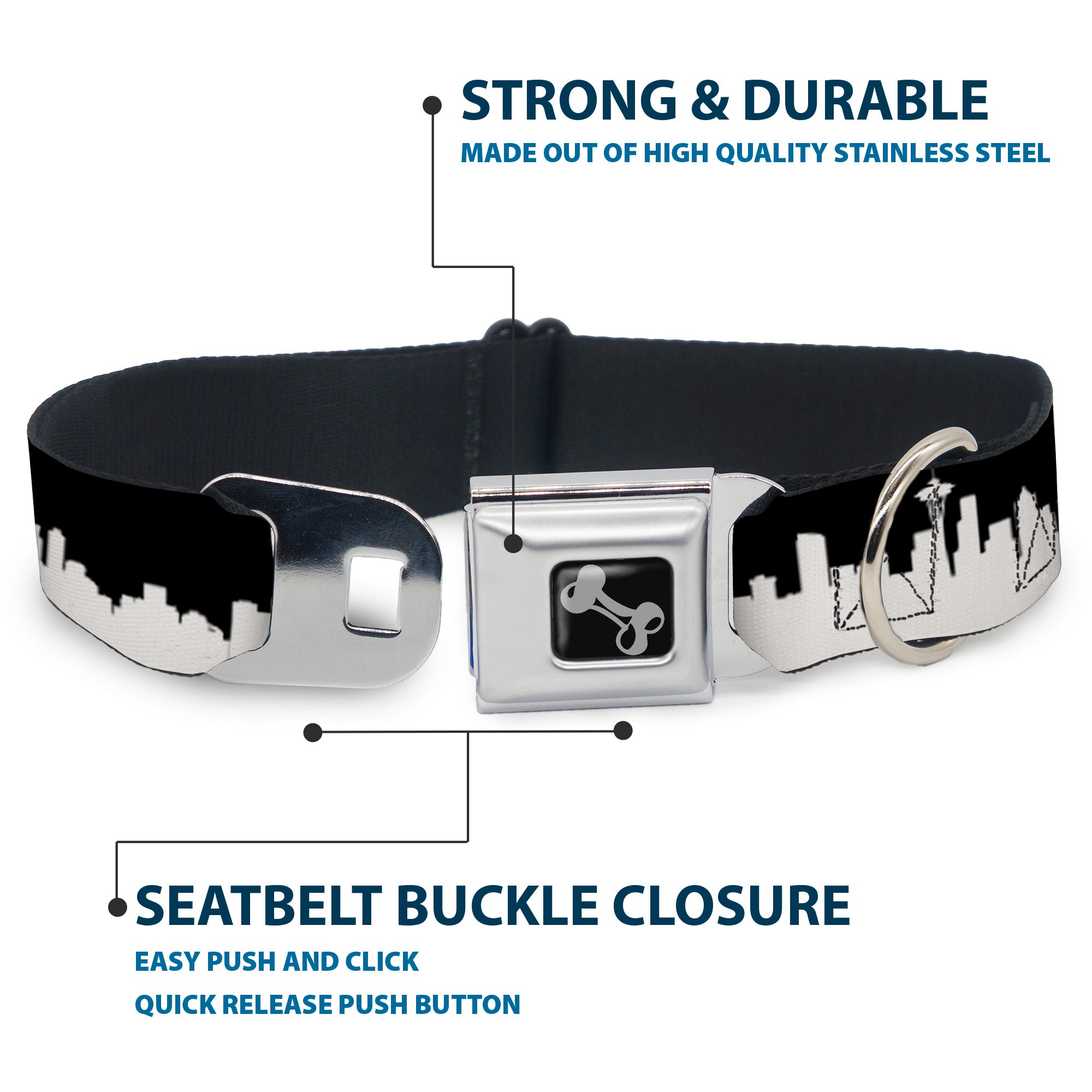 Dog Bone Seatbelt Buckle Collar - Seattle Solid Skyline Black/White Seatbelt Buckle Collars Buckle-Down