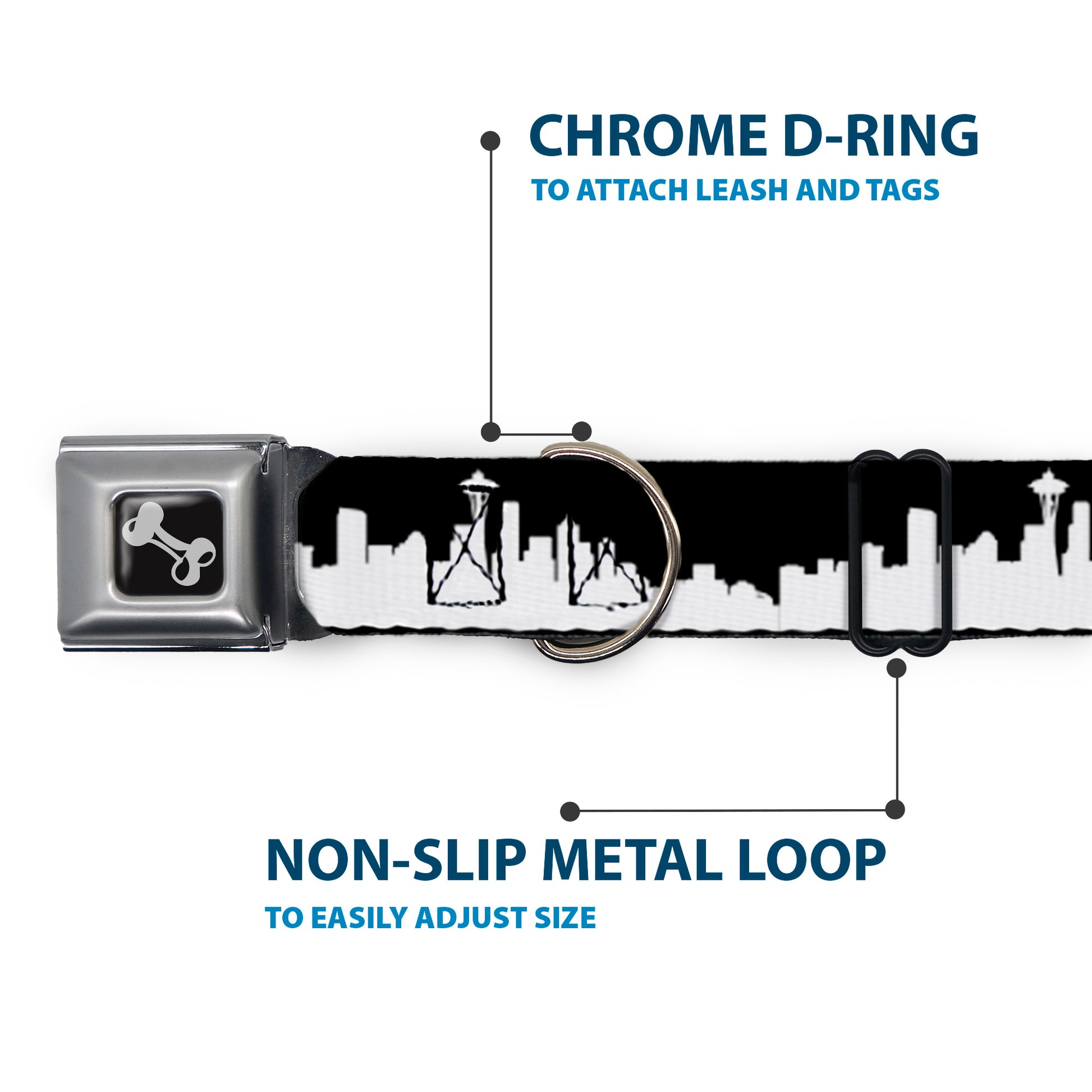 Dog Bone Seatbelt Buckle Collar - Seattle Solid Skyline Black/White Seatbelt Buckle Collars Buckle-Down