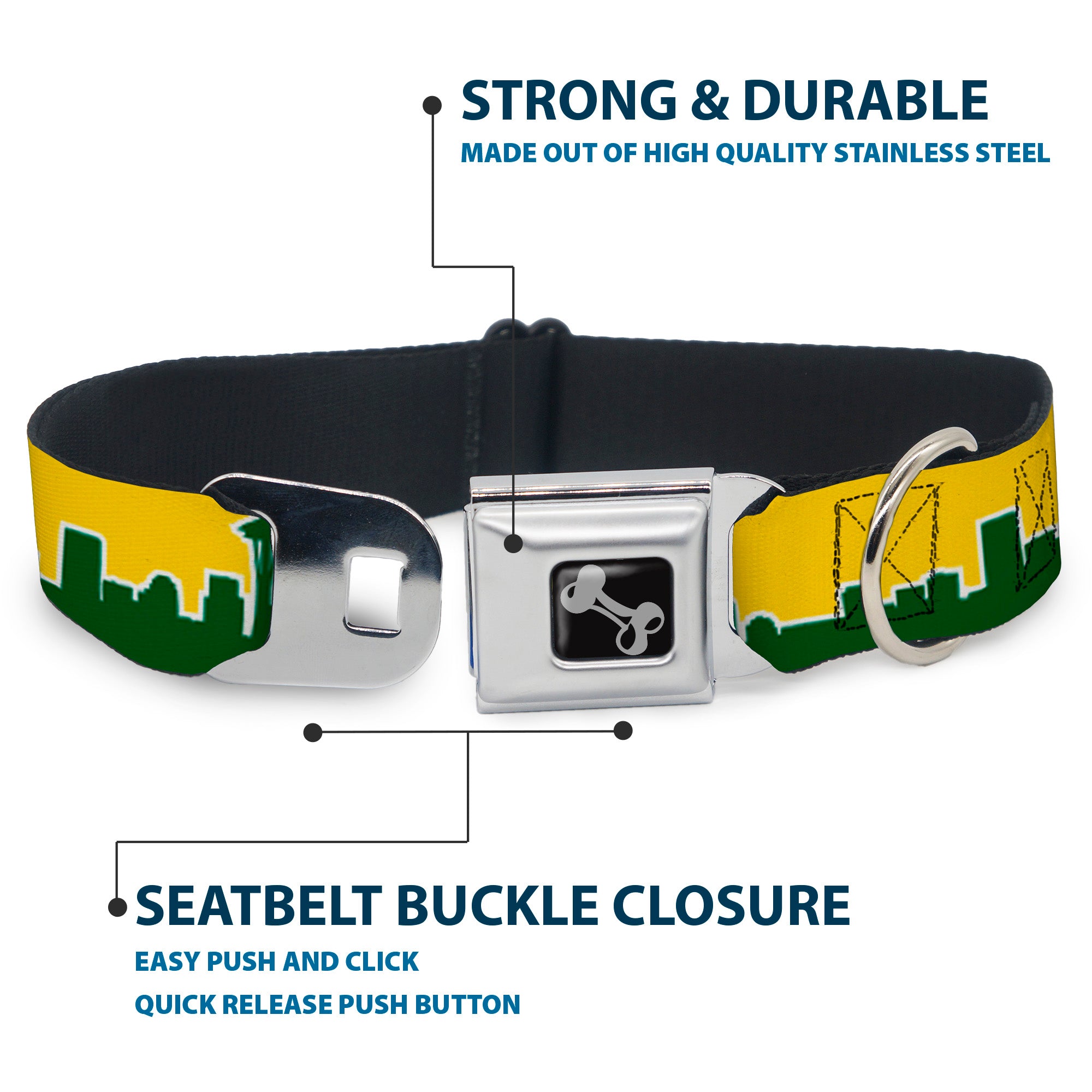 Dog Bone Seatbelt Buckle Collar - Seattle Skyline Yellow/Emerald Green Seatbelt Buckle Collars Buckle-Down