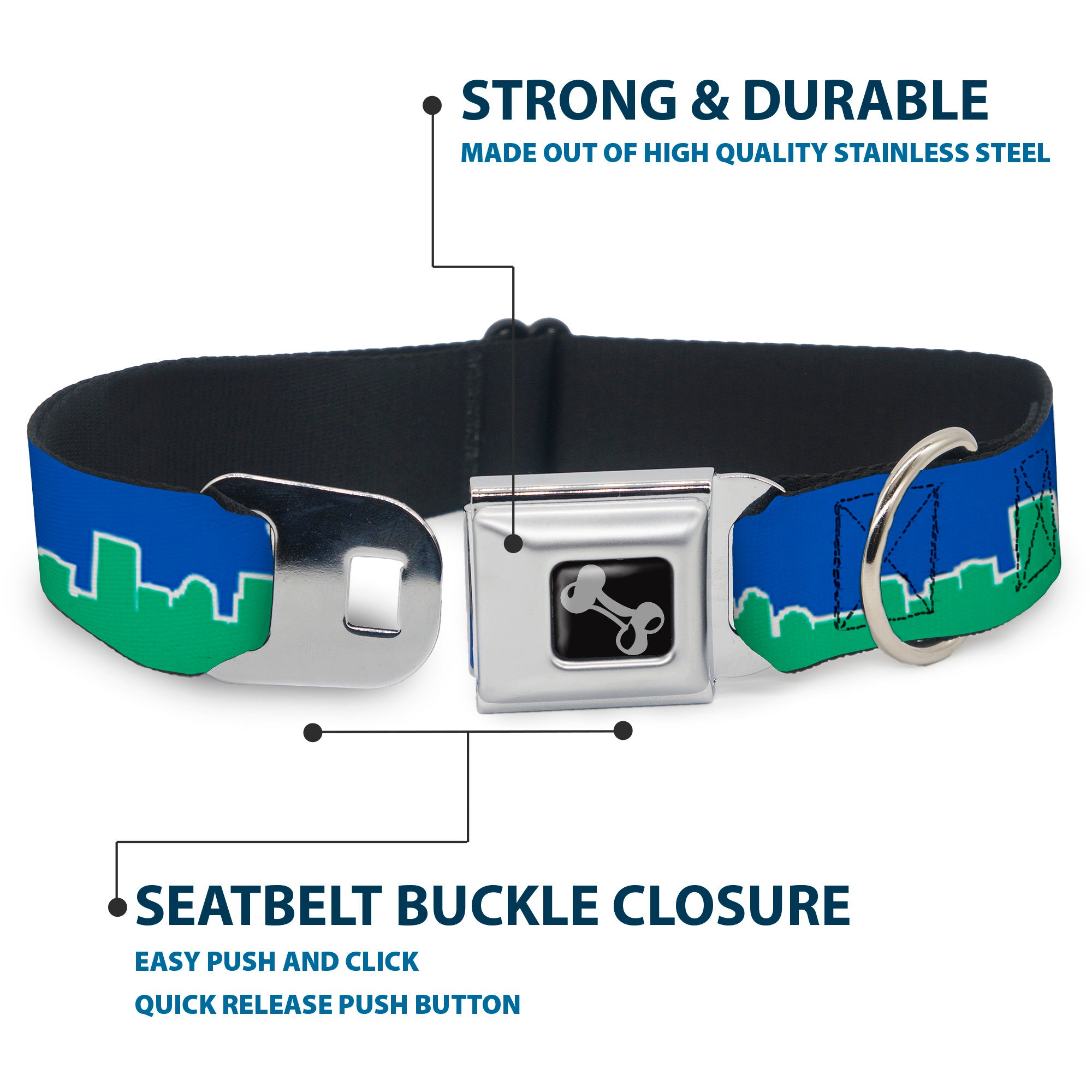 Dog Bone Seatbelt Buckle Collar - Seattle Skyline Blue/Green Seatbelt Buckle Collars Buckle-Down