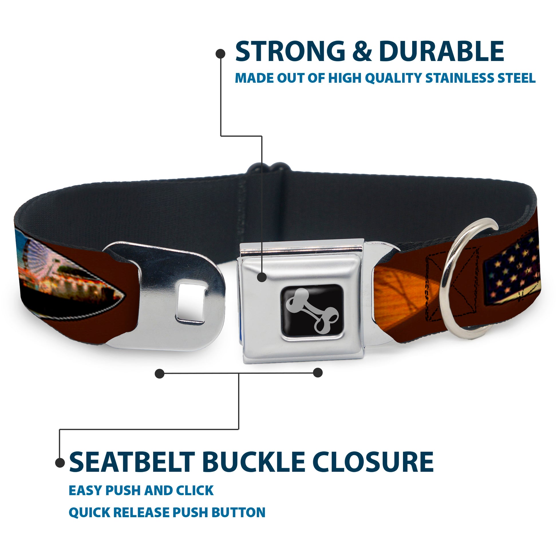 Dog Bone Seatbelt Buckle Collar - Surfboard Cali Scenes/US Flag Brown Seatbelt Buckle Collars Buckle-Down