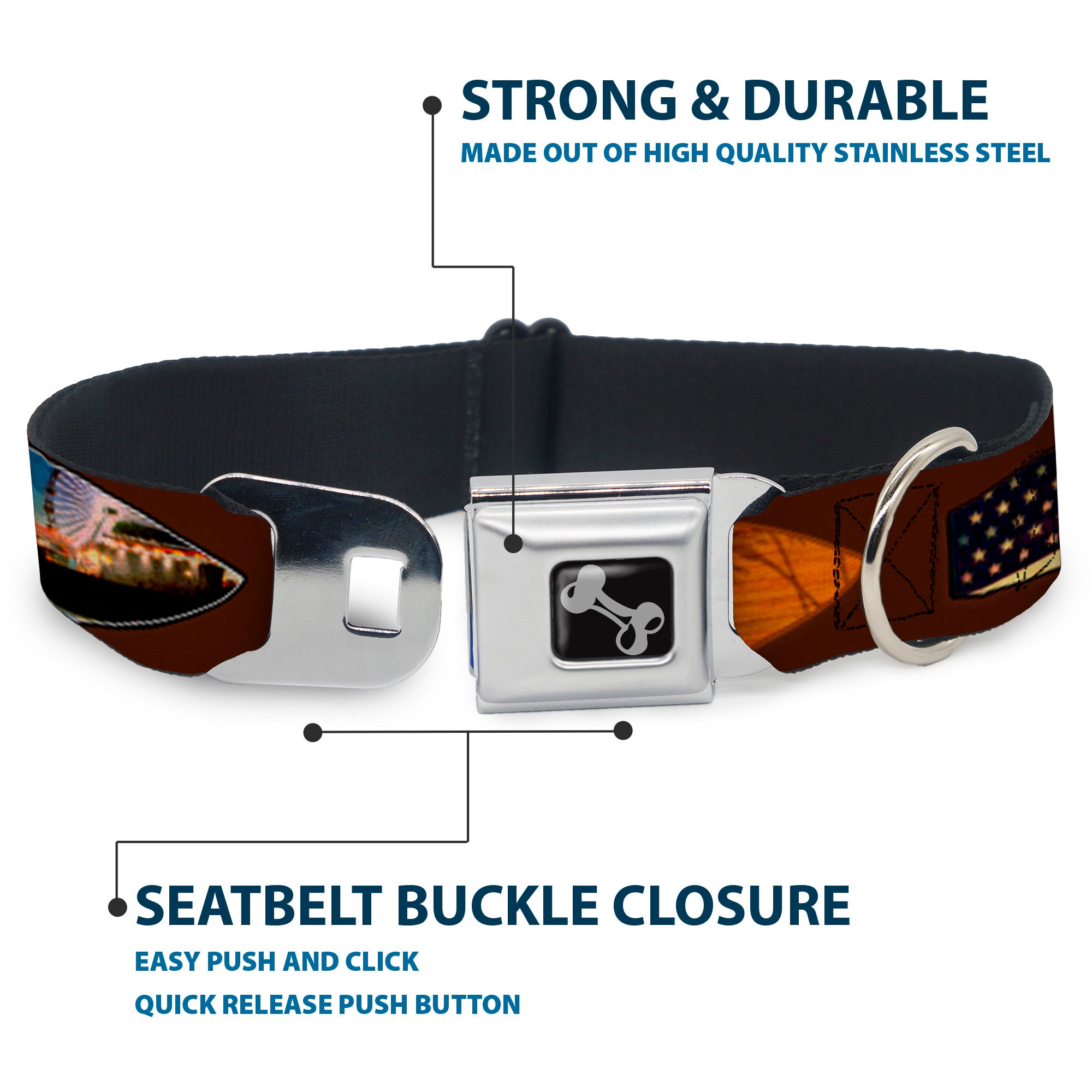 Dog Bone Seatbelt Buckle Collar - Surfboard Cali Scenes/US Flag Brown Seatbelt Buckle Collars Buckle-Down
