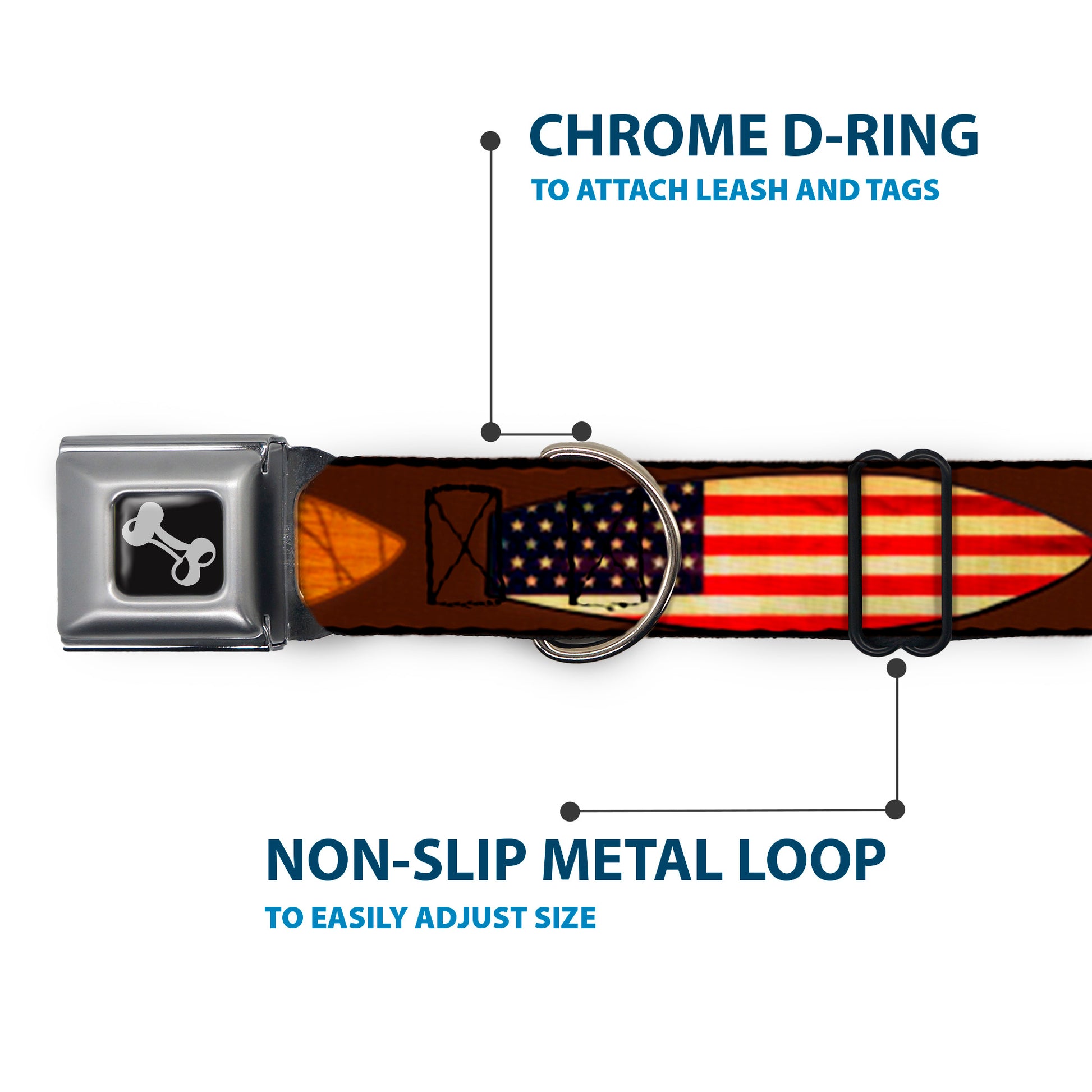 Dog Bone Seatbelt Buckle Collar - Surfboard Cali Scenes/US Flag Brown Seatbelt Buckle Collars Buckle-Down