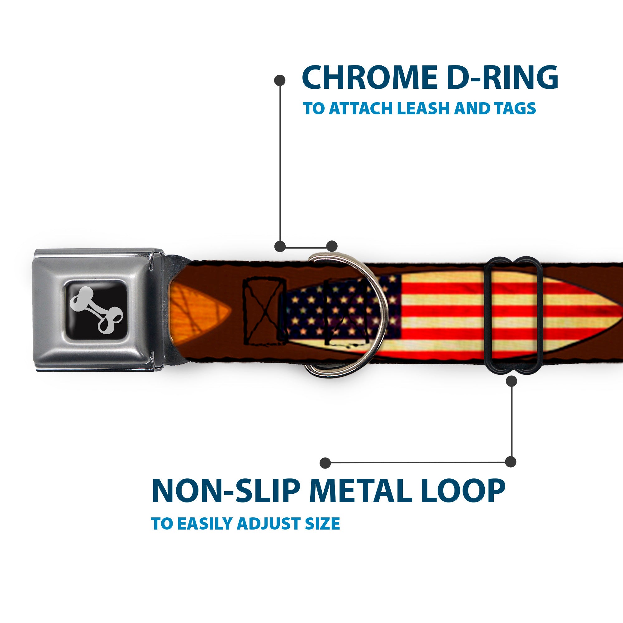 Dog Bone Seatbelt Buckle Collar - Surfboard Cali Scenes/US Flag Brown Seatbelt Buckle Collars Buckle-Down