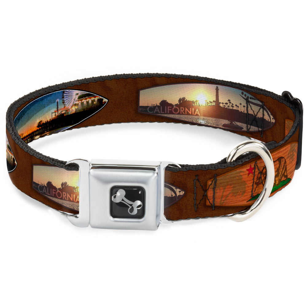 Dog Bone Seatbelt Buckle Collar - Surfboard Cali Scenes/US Flag Brown Seatbelt Buckle Collars Buckle-Down