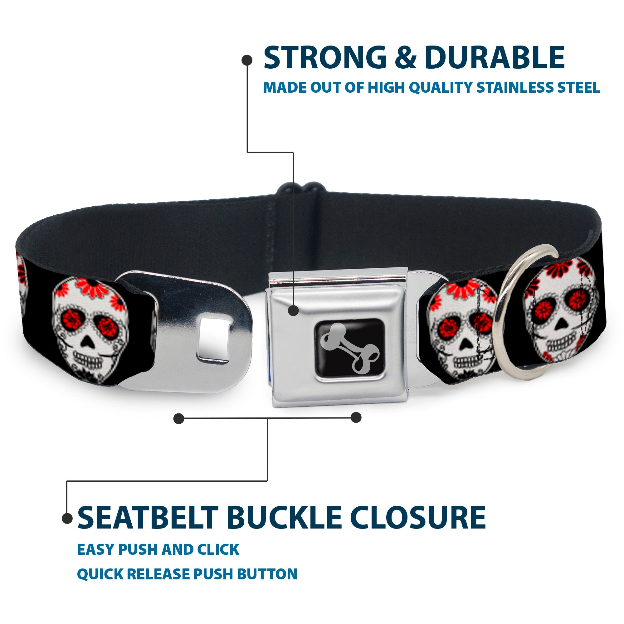 Dog Bone Seatbelt Buckle Collar - Sugar Skulls Black/White/Red Seatbelt Buckle Collars Buckle-Down