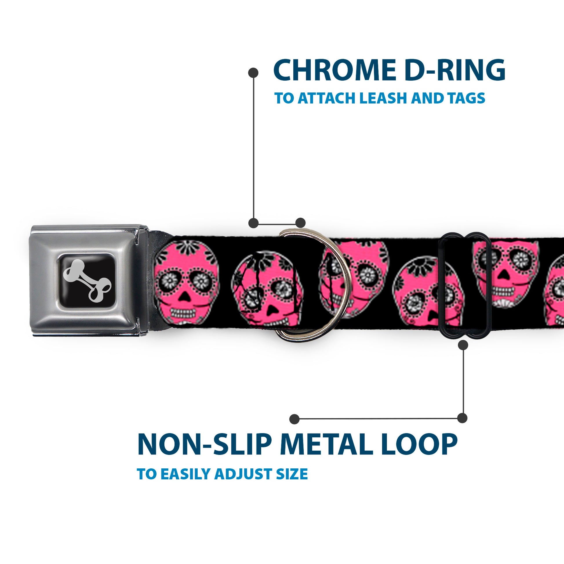 Dog Bone Seatbelt Buckle Collar - Sugar Skulls Black/White/Fuchsia Seatbelt Buckle Collars Buckle-Down