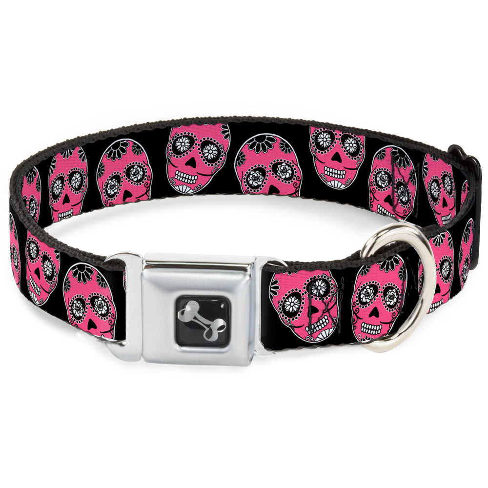 Dog Bone Seatbelt Buckle Collar - Sugar Skulls Black/White/Fuchsia Seatbelt Buckle Collars Buckle-Down