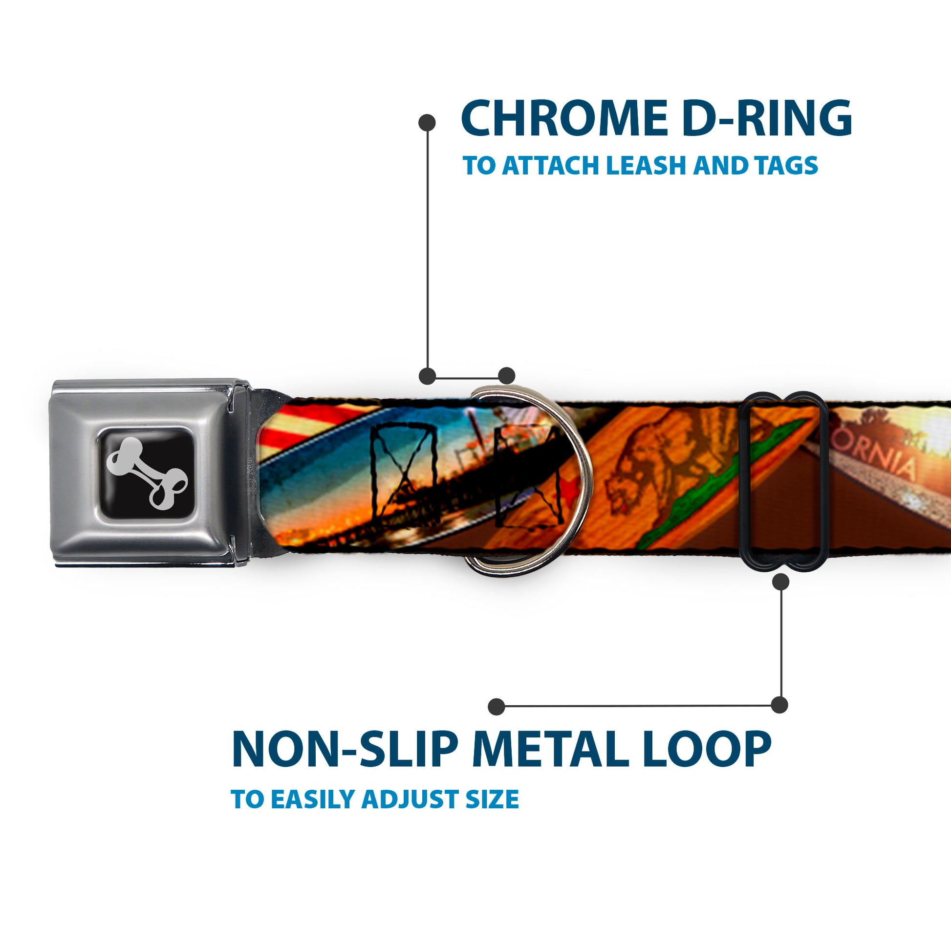 Dog Bone Seatbelt Buckle Collar - Surfboard Cali Scenes/US Flag Stacked Brown Seatbelt Buckle Collars Buckle-Down