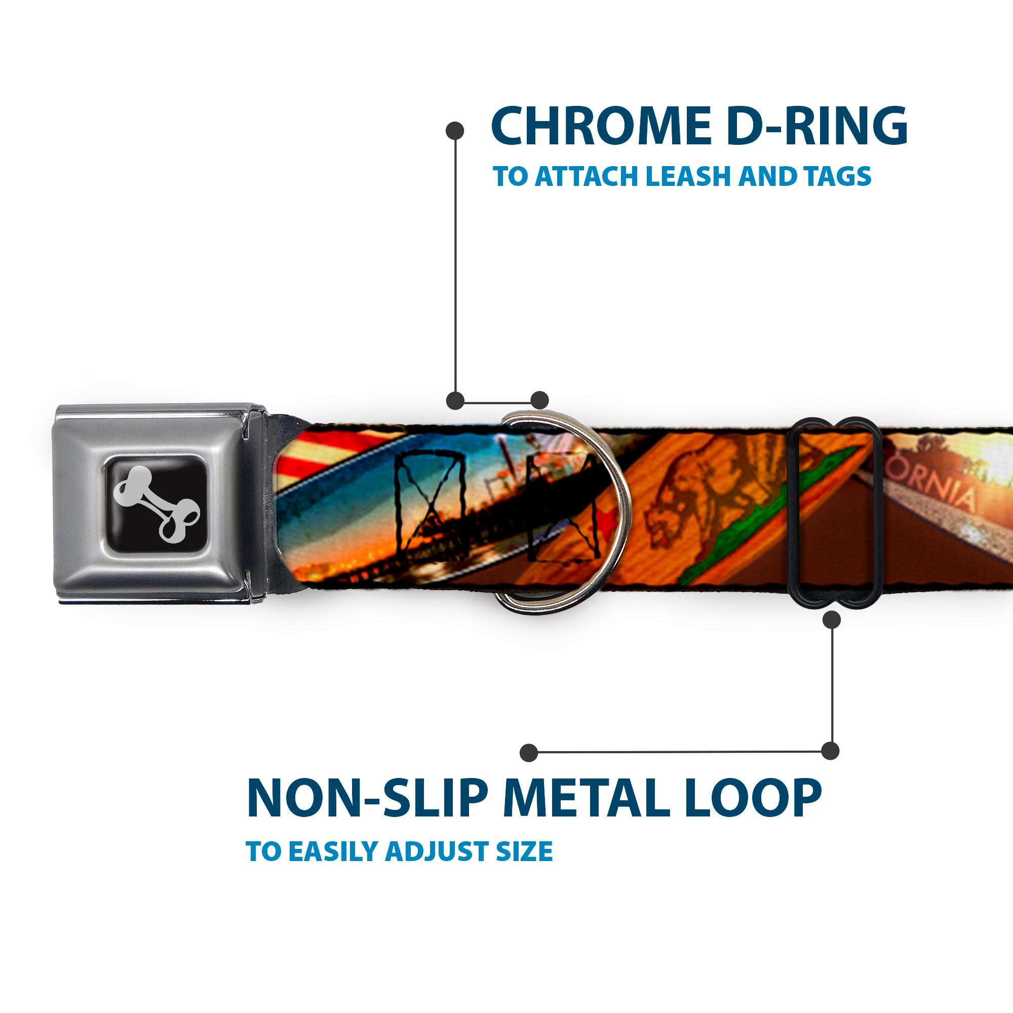 Dog Bone Seatbelt Buckle Collar - Surfboard Cali Scenes/US Flag Stacked Brown Seatbelt Buckle Collars Buckle-Down