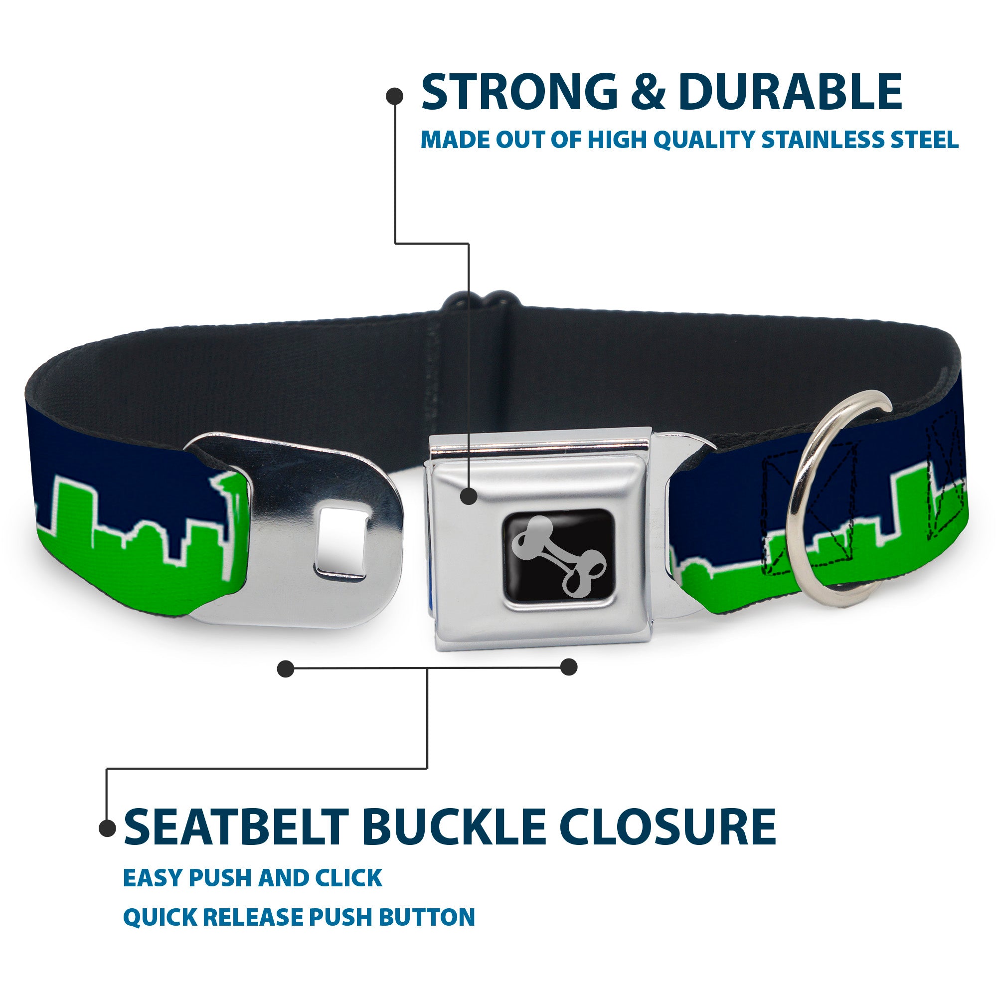 Dog Bone Seatbelt Buckle Collar - Seattle Skyline Navy/Lime Green Seatbelt Buckle Collars Buckle-Down