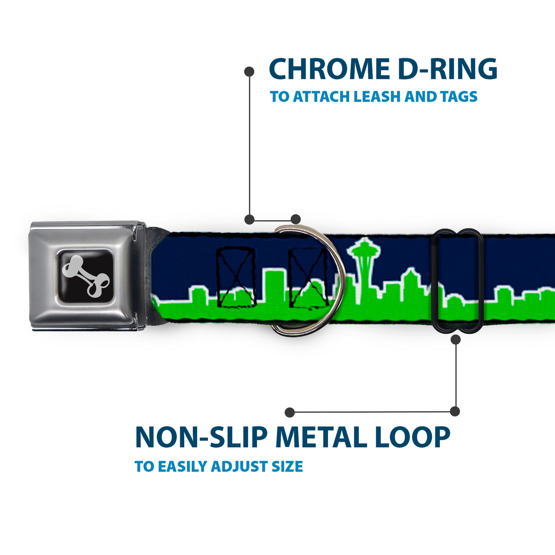 Dog Bone Seatbelt Buckle Collar - Seattle Skyline Navy/Lime Green Seatbelt Buckle Collars Buckle-Down