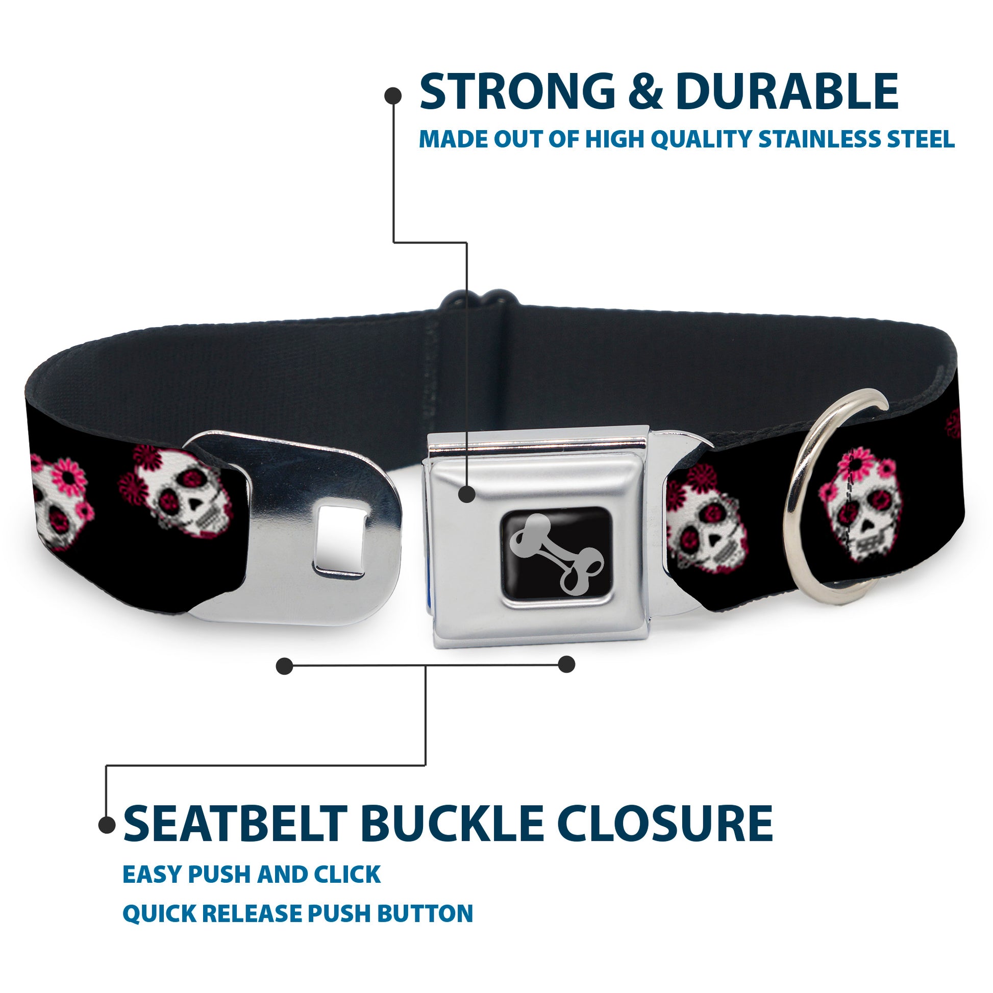 Dog Bone Seatbelt Buckle Collar - Staggered Sugar Skulls Black/Pink/White Seatbelt Buckle Collars Buckle-Down