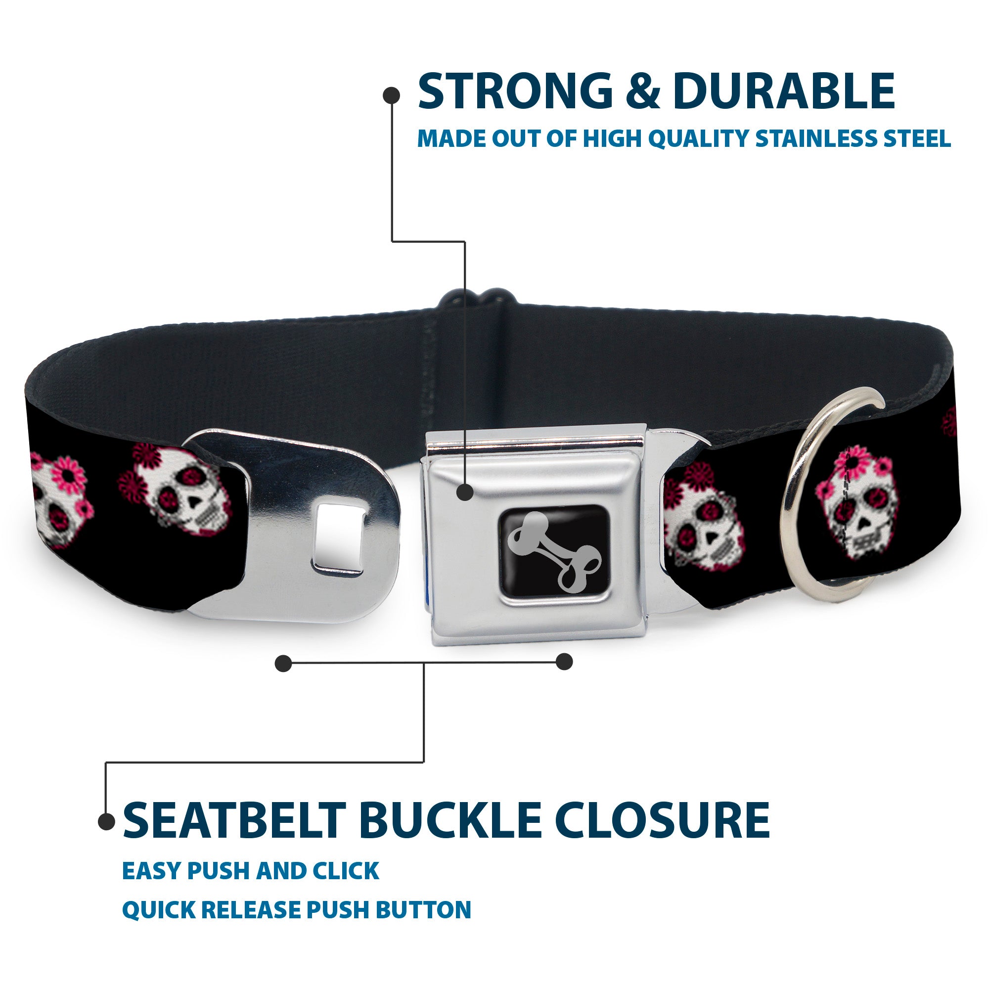 Dog Bone Seatbelt Buckle Collar - Staggered Sugar Skulls Black/Pink/White Seatbelt Buckle Collars Buckle-Down