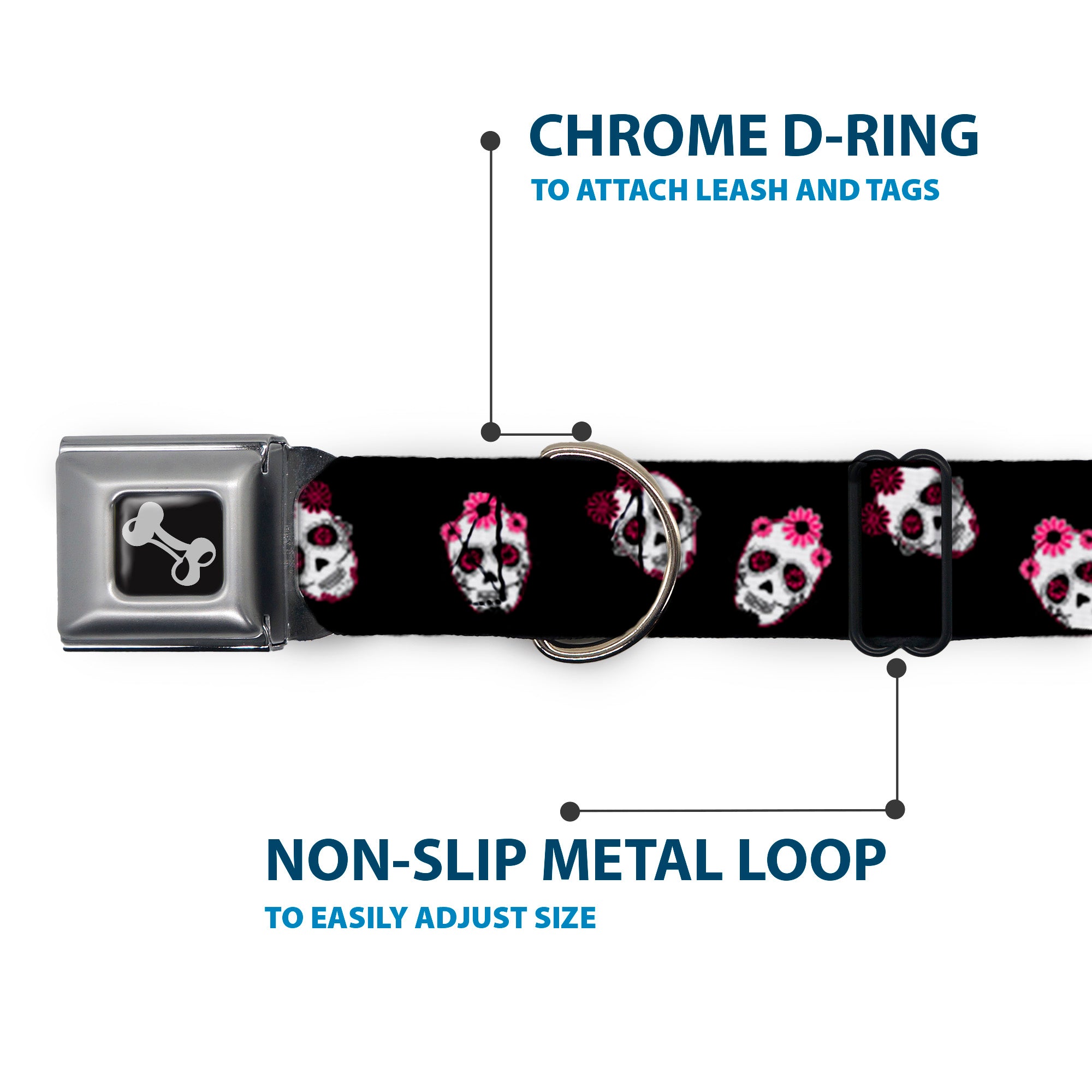 Dog Bone Seatbelt Buckle Collar - Staggered Sugar Skulls Black/Pink/White Seatbelt Buckle Collars Buckle-Down