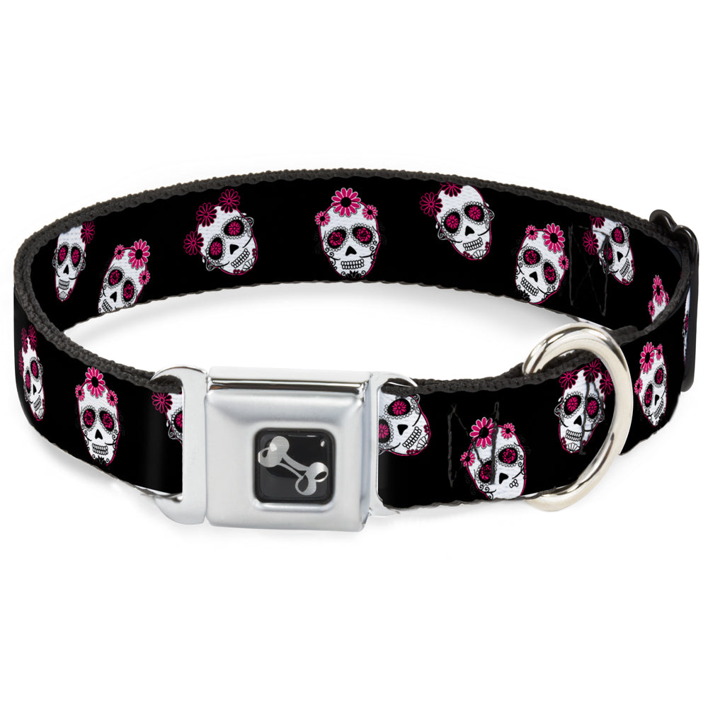 Dog Bone Seatbelt Buckle Collar - Staggered Sugar Skulls Black/Pink/White Seatbelt Buckle Collars Buckle-Down