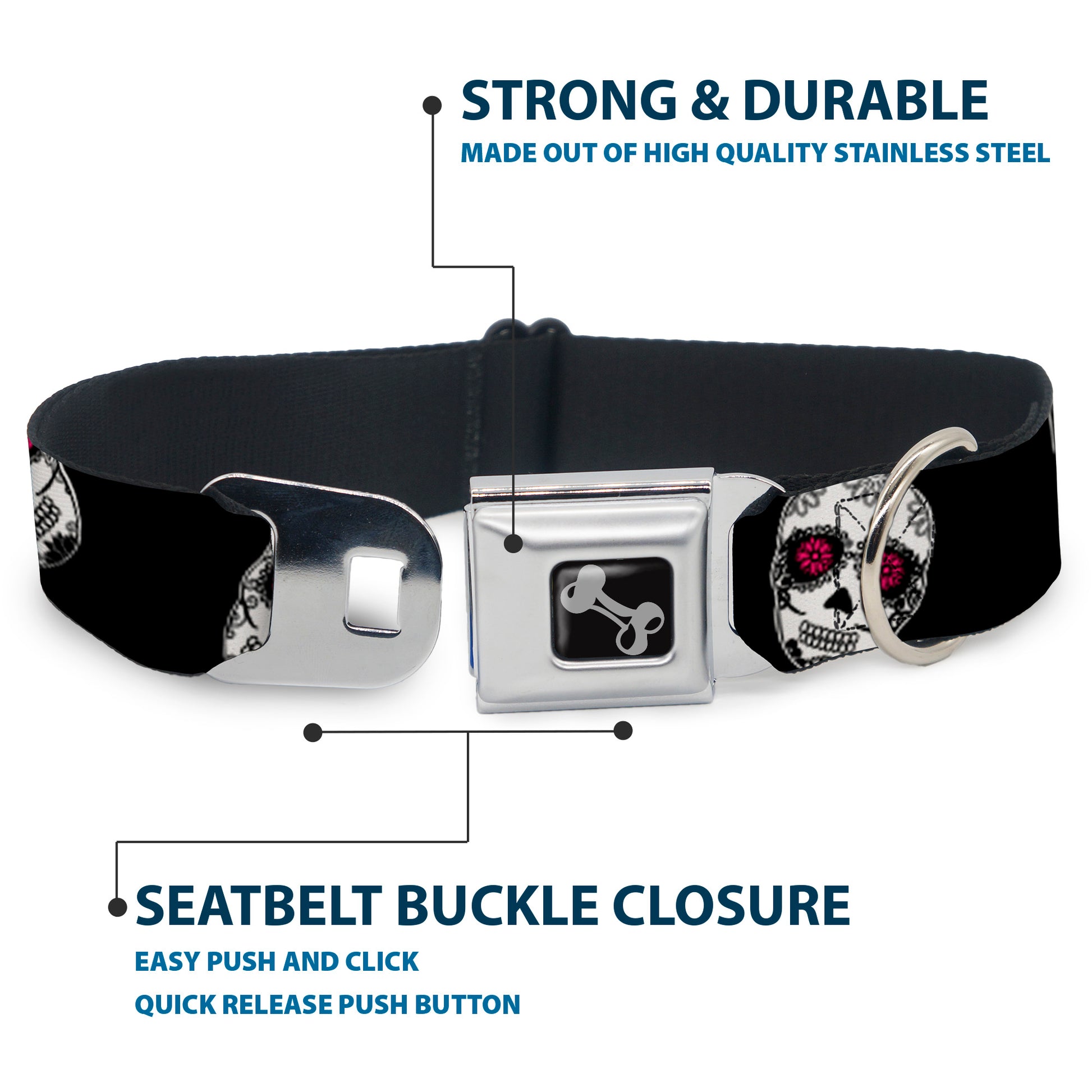 Dog Bone Seatbelt Buckle Collar - Staggered Sugar Skulls Black/White/Pink Seatbelt Buckle Collars Buckle-Down