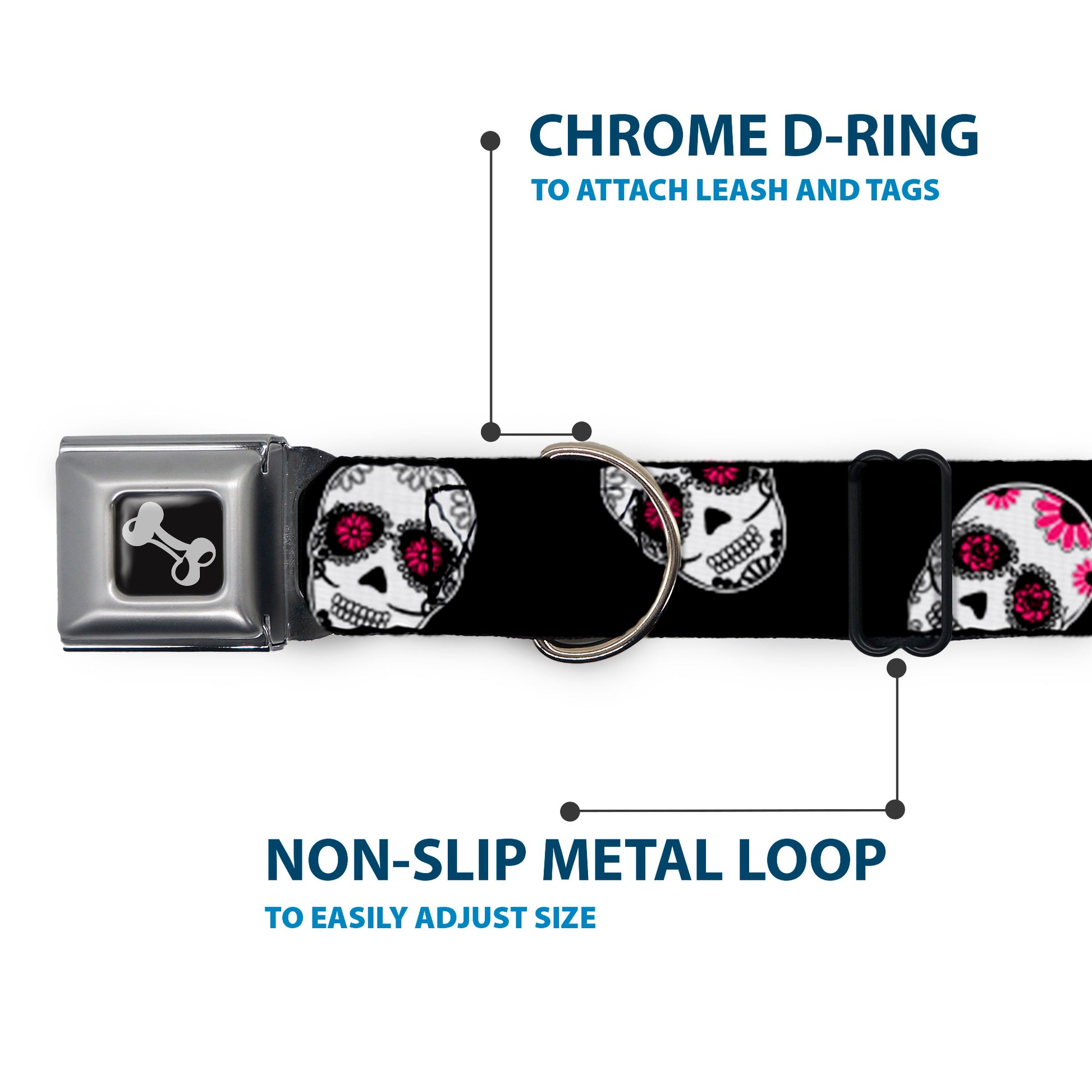 Dog Bone Seatbelt Buckle Collar - Staggered Sugar Skulls Black/White/Pink Seatbelt Buckle Collars Buckle-Down