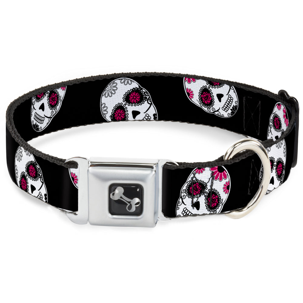 Dog Bone Seatbelt Buckle Collar - Staggered Sugar Skulls Black/White/Pink Seatbelt Buckle Collars Buckle-Down