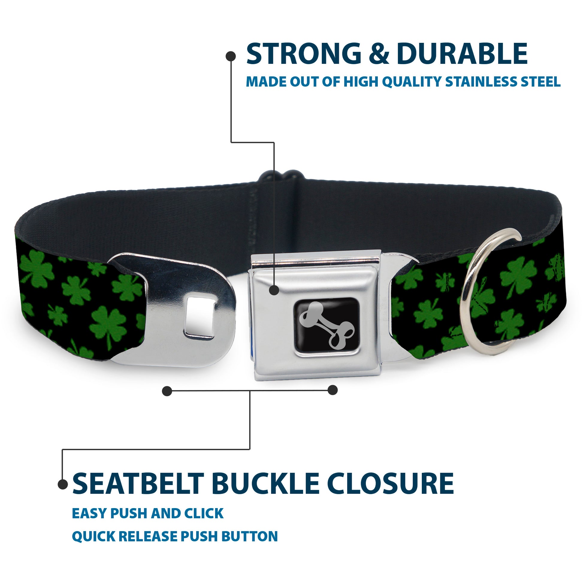 Dog Bone Seatbelt Buckle Collar - St. Pat's Clovers Scattered Black/Green Seatbelt Buckle Collars Buckle-Down