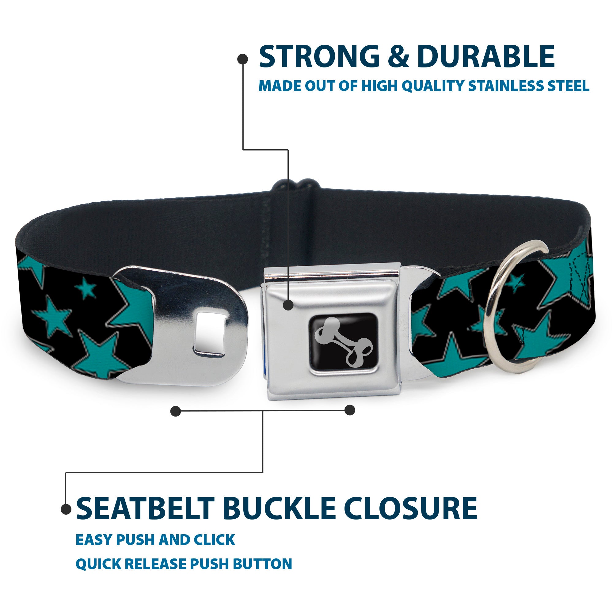 Dog Bone Seatbelt Buckle Collar - Stars/Multi Stars Black/Turquoise Seatbelt Buckle Collars Buckle-Down