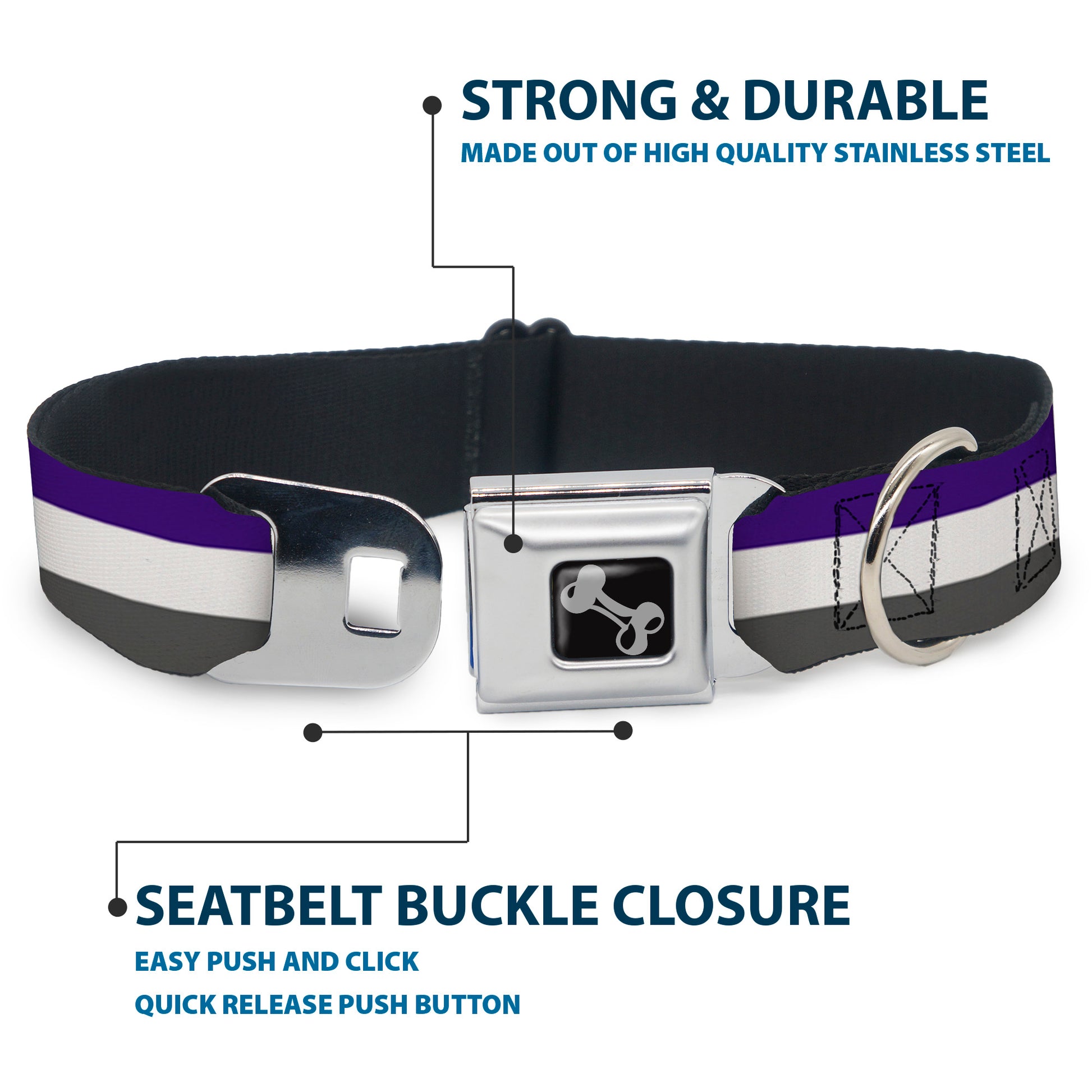 Dog Bone Black/Silver Seatbelt Buckle Collar - Stripes Purple/White/Gray Seatbelt Buckle Collars Buckle-Down