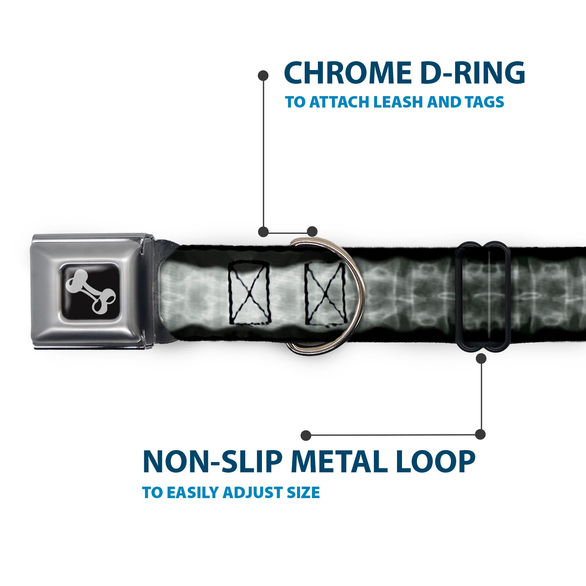 Dog Bone Seatbelt Buckle Collar - Spinal X-Ray Black/White Seatbelt Buckle Collars Buckle-Down