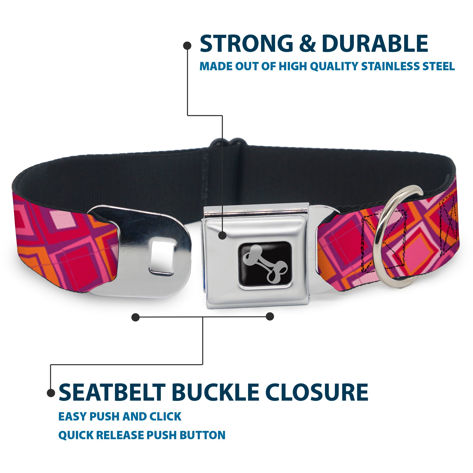 Dog Bone Seatbelt Buckle Collar - Skewed Squares Stacked Purple/Orange/Pinks Seatbelt Buckle Collars Buckle-Down