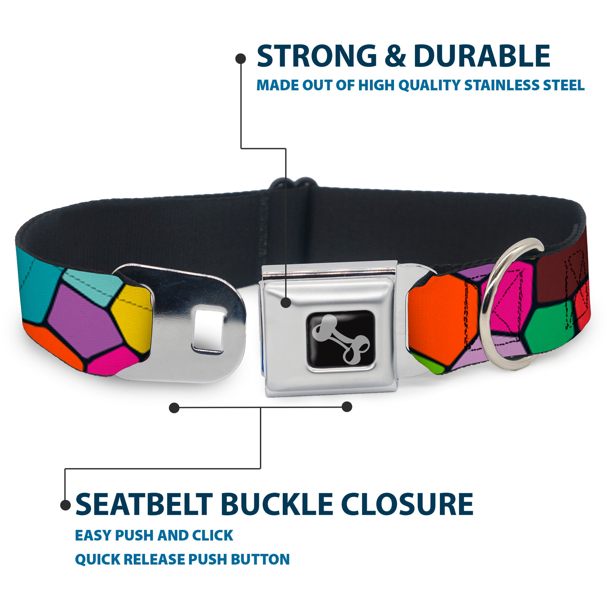 Dog Bone Seatbelt Buckle Collar - Stained Glass Mosaic2 Multi Color/Navy Seatbelt Buckle Collars Buckle-Down