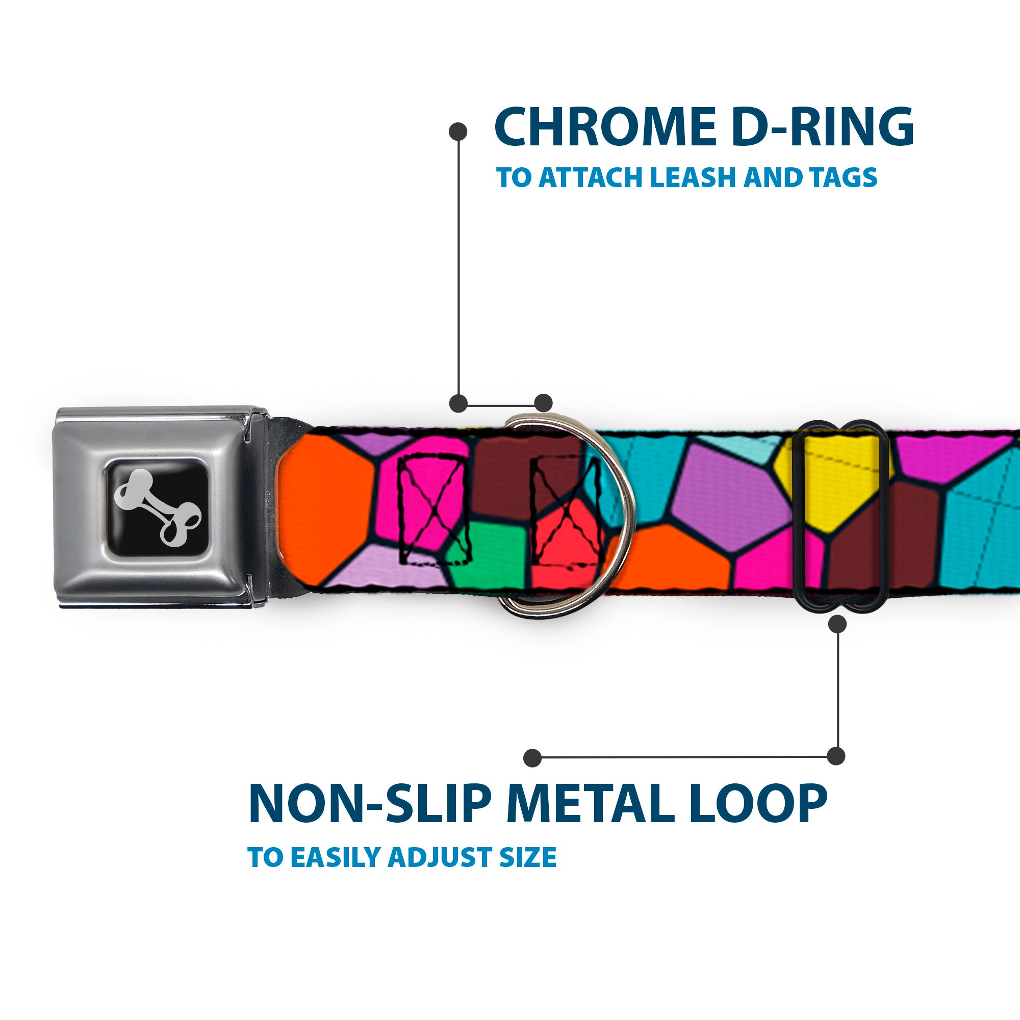 Dog Bone Seatbelt Buckle Collar - Stained Glass Mosaic2 Multi Color/Navy Seatbelt Buckle Collars Buckle-Down