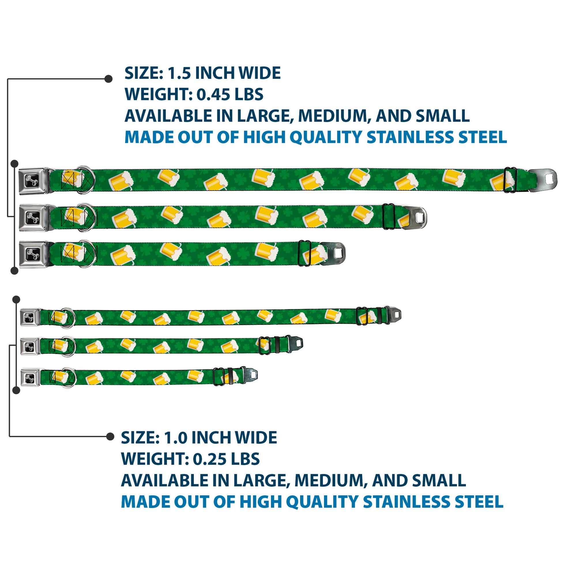 Dog Bone Seatbelt Buckle Collar - St. Pat's Clovers/Beer Mugs Greens Seatbelt Buckle Collars Buckle-Down