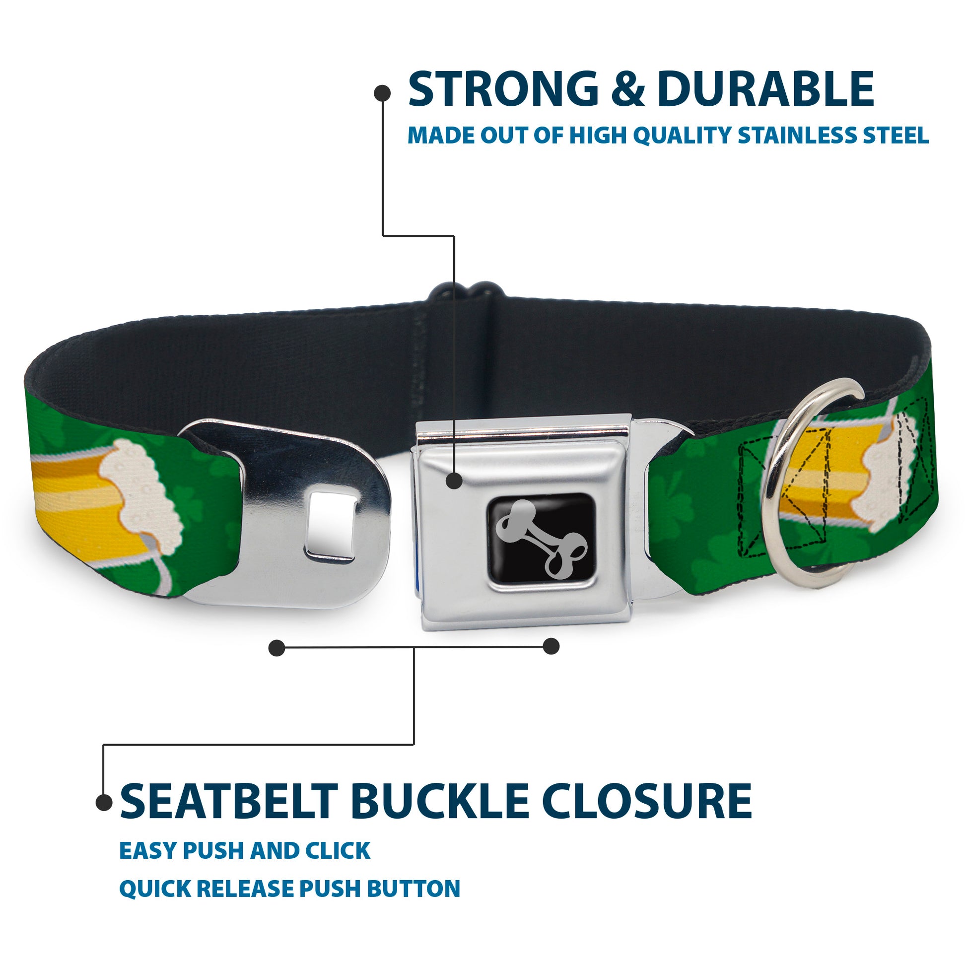 Dog Bone Seatbelt Buckle Collar - St. Pat's Clovers/Beer Mugs Greens Seatbelt Buckle Collars Buckle-Down