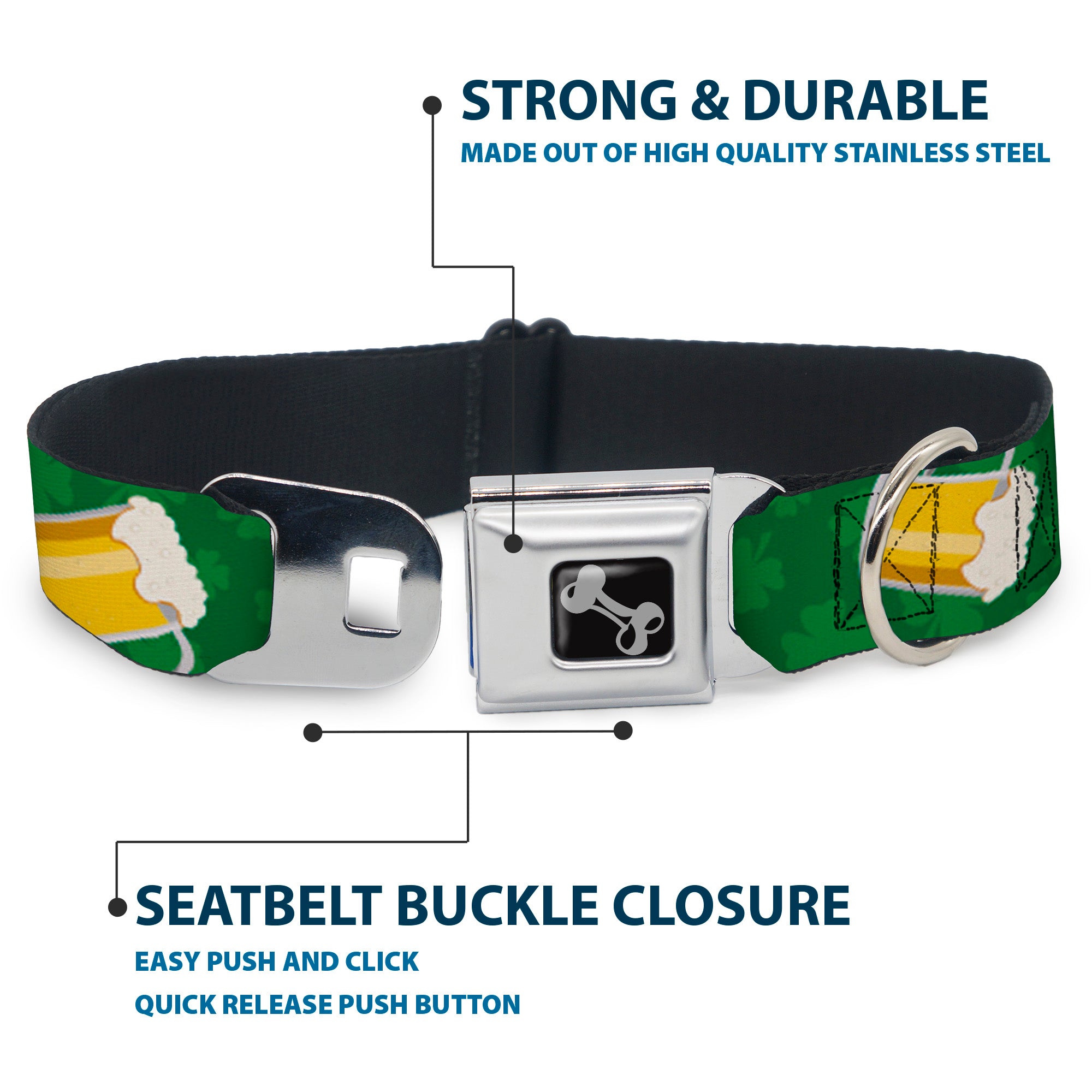 Dog Bone Seatbelt Buckle Collar - St. Pat's Clovers/Beer Mugs Greens Seatbelt Buckle Collars Buckle-Down